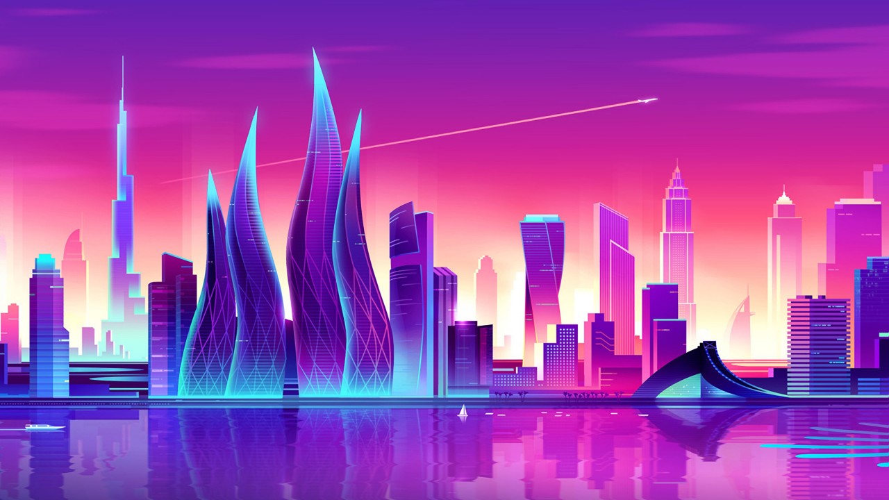 Download Neon Sunset Dubai Skyscrapers Wallpaper in 1280x720 Resolution
