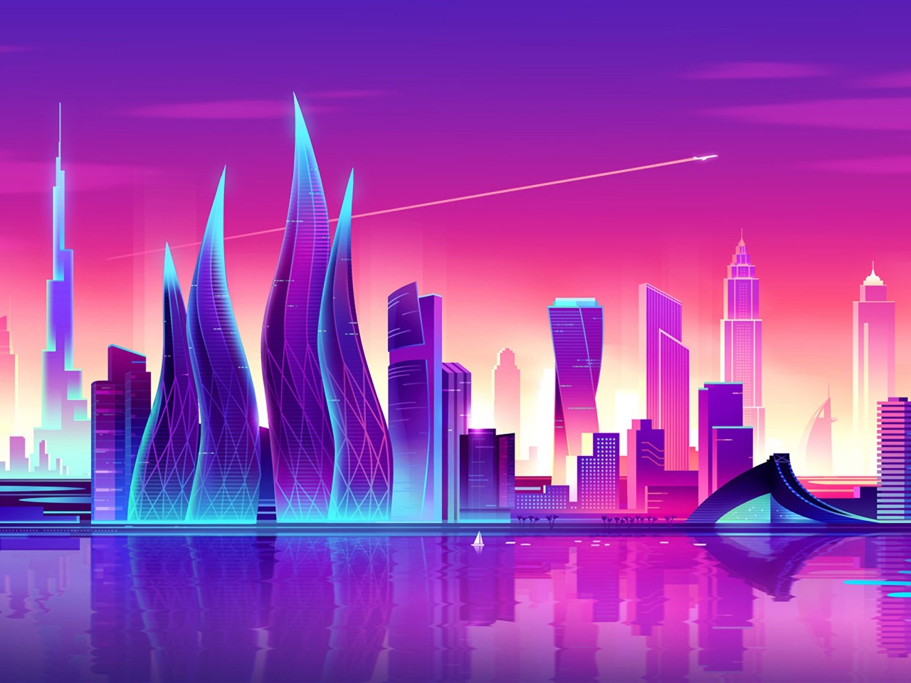 Download Neon Sunset Dubai Skyscrapers Wallpaper in 1280x960 Resolution