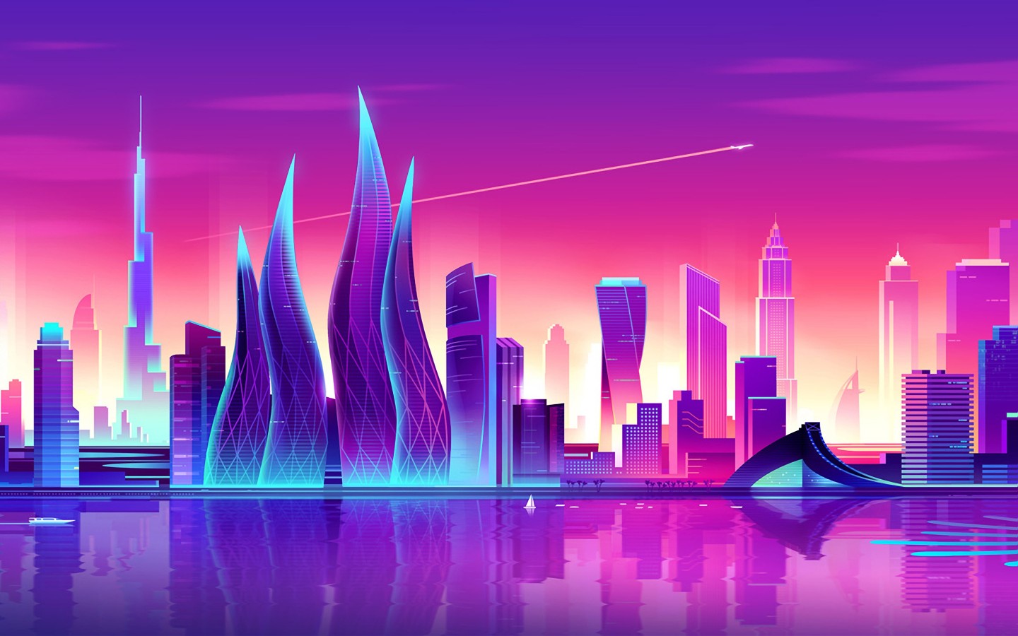 Download Neon Sunset Dubai Skyscrapers Wallpaper in 1440x900 Resolution