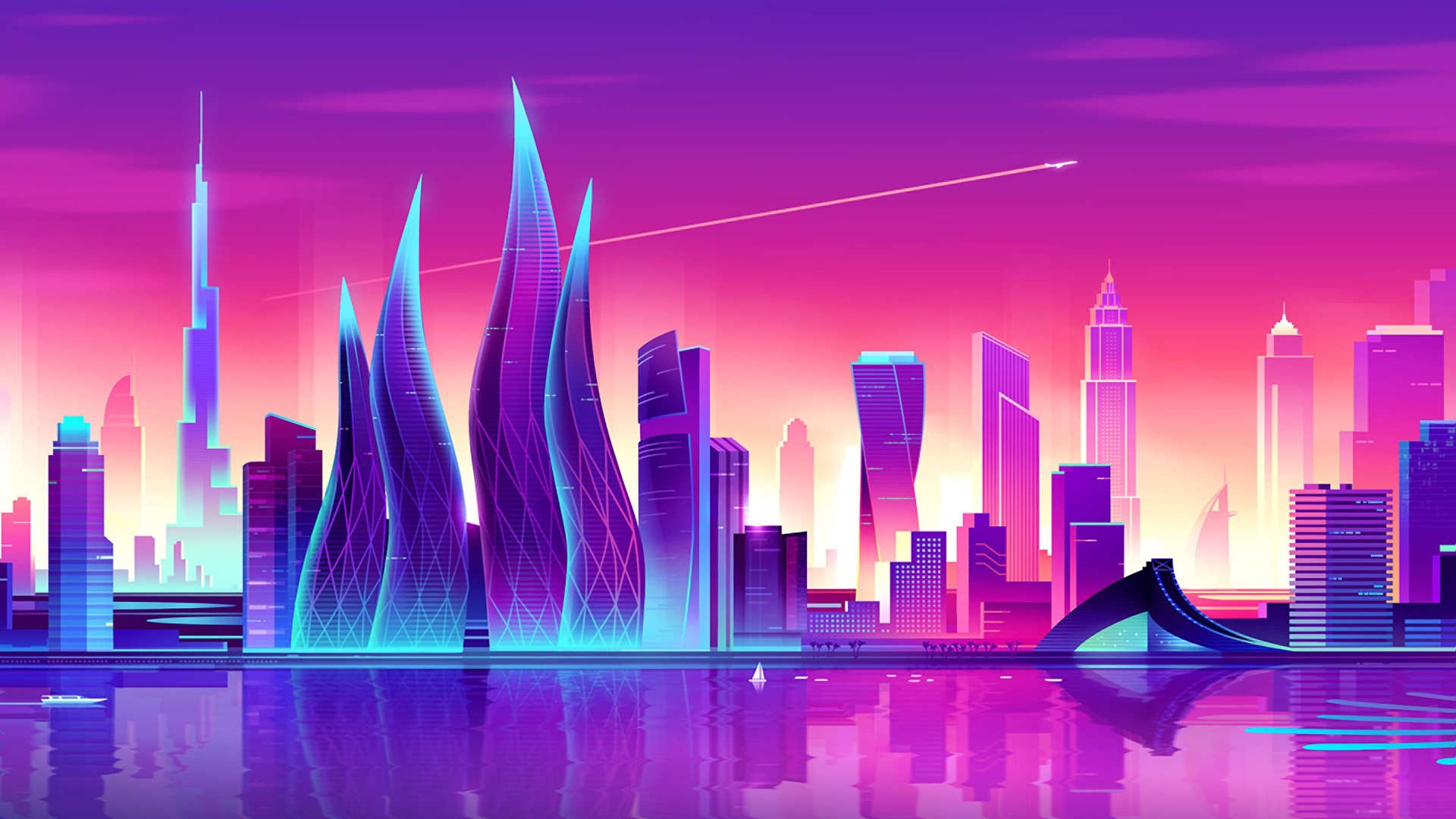 Download Neon Sunset Dubai Skyscrapers Wallpaper in 1920x1080 Resolution
