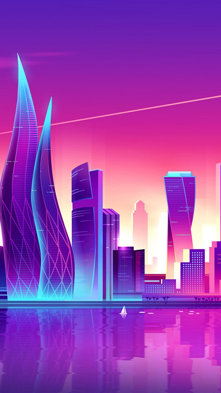 Download Neon Sunset Dubai Skyscrapers Wallpaper in 750x1334 Resolution