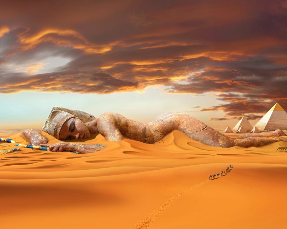 Download Ancient Pyramids Desert Statue Wallpaper in 960x768 Resolution