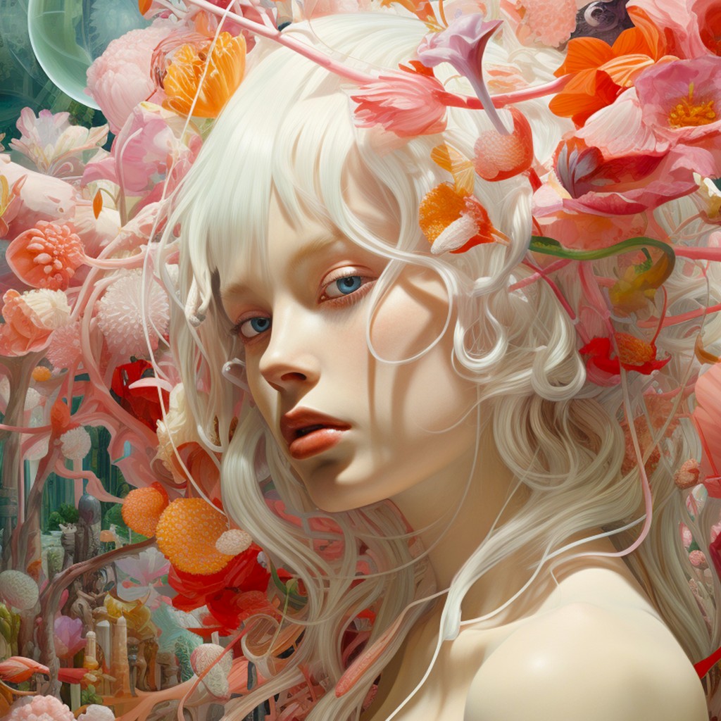 Download Girl White Hair Colorful Flowers Wallpaper in 1024x1024 Resolution