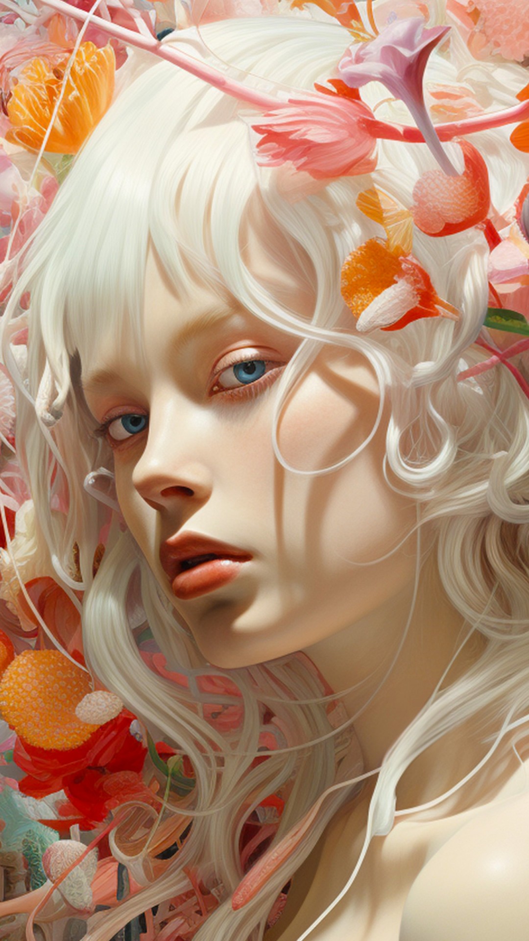 Download Girl White Hair Colorful Flowers Wallpaper in 1080x1920 Resolution