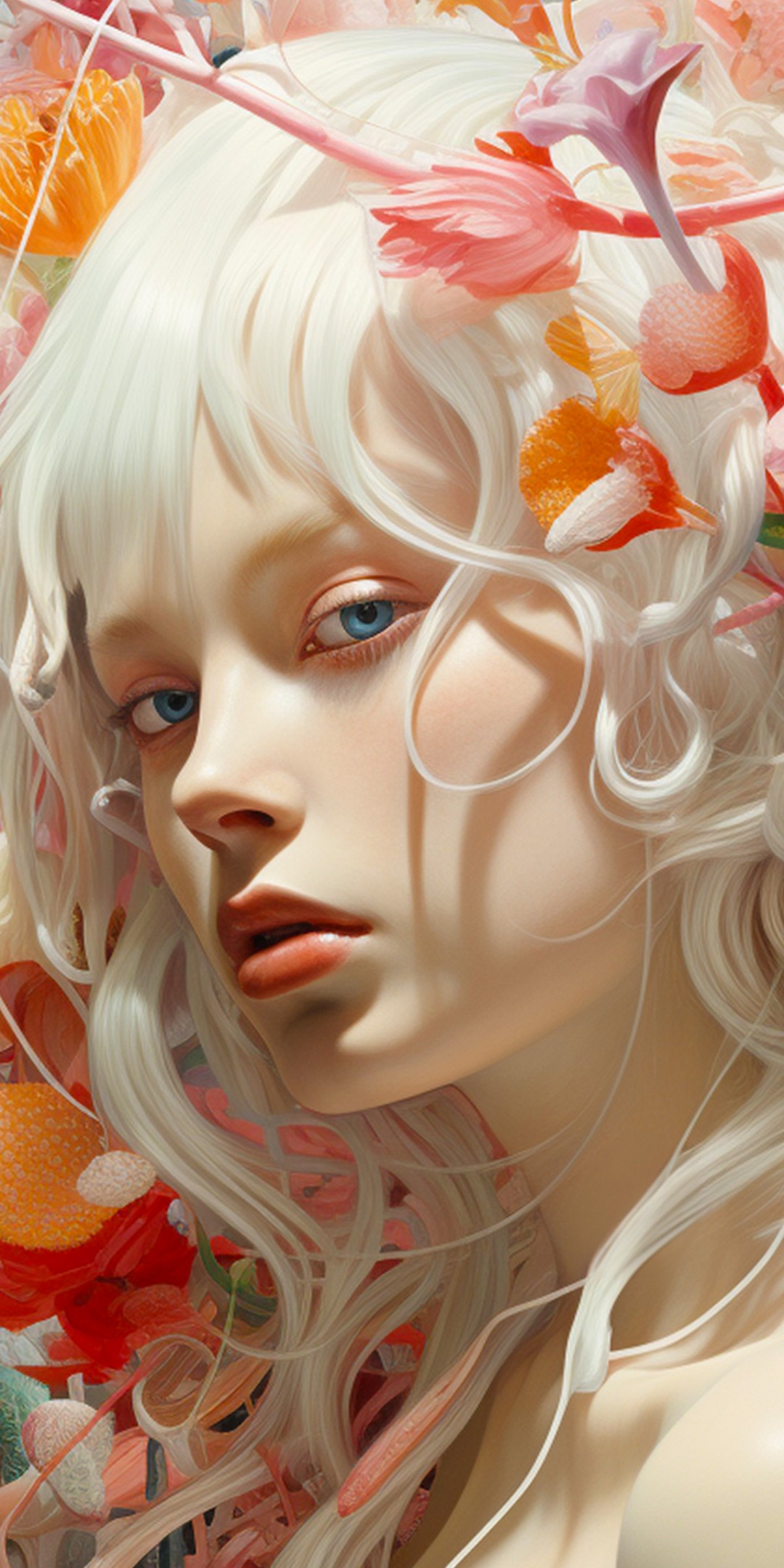 Download Girl White Hair Colorful Flowers Wallpaper in 1080x2160 Resolution