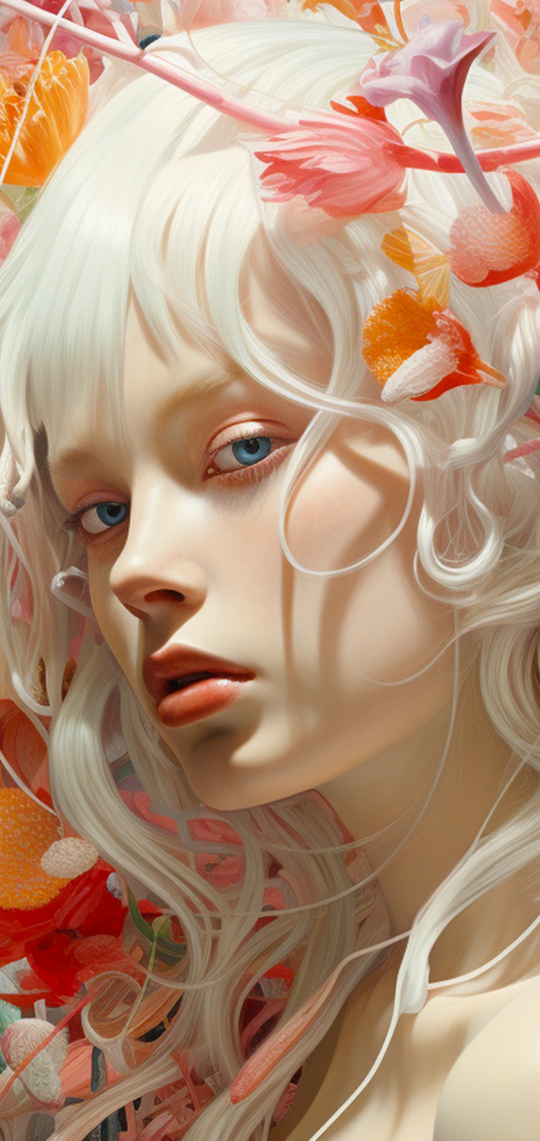 Download Girl White Hair Colorful Flowers Wallpaper in 1080x2280 Resolution