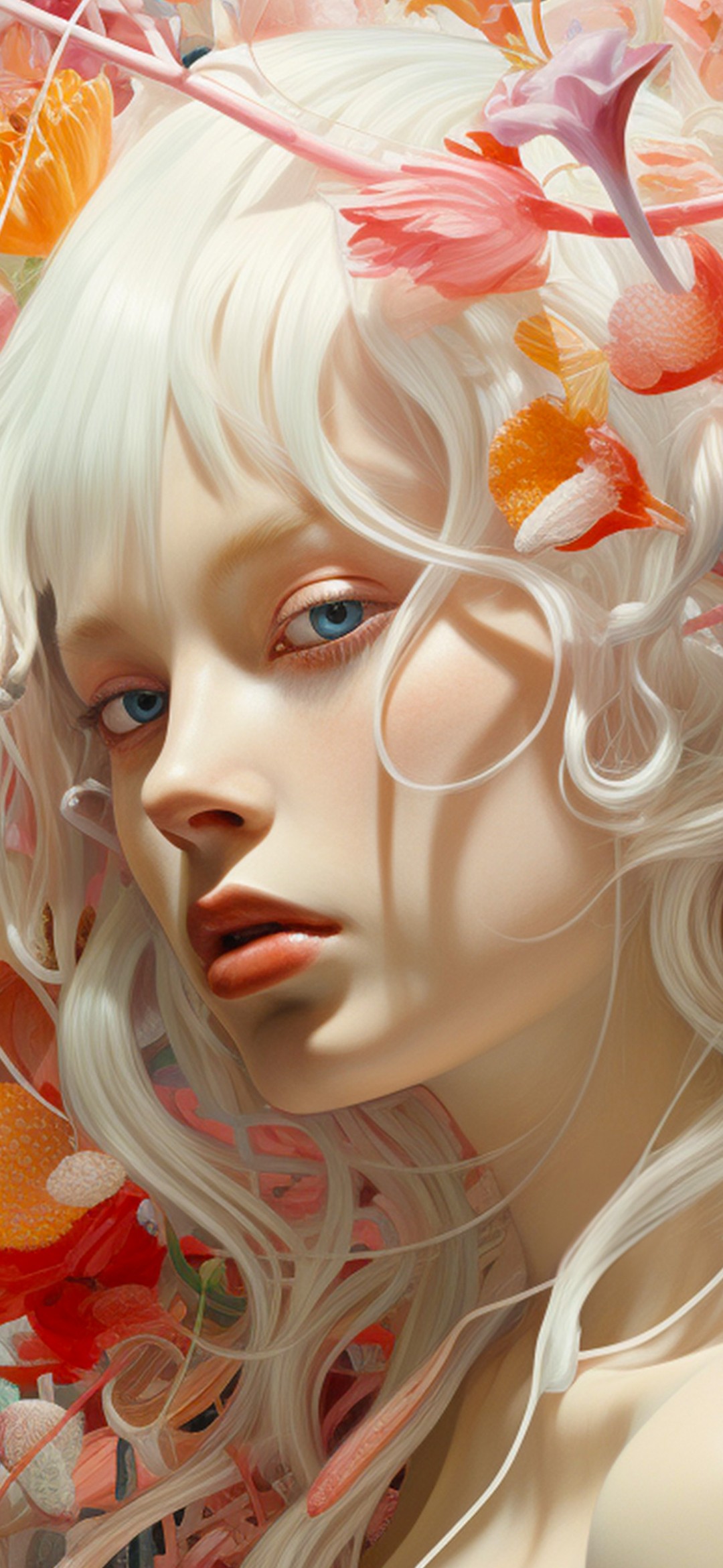 Download Girl White Hair Colorful Flowers Wallpaper in 1080x2340 Resolution