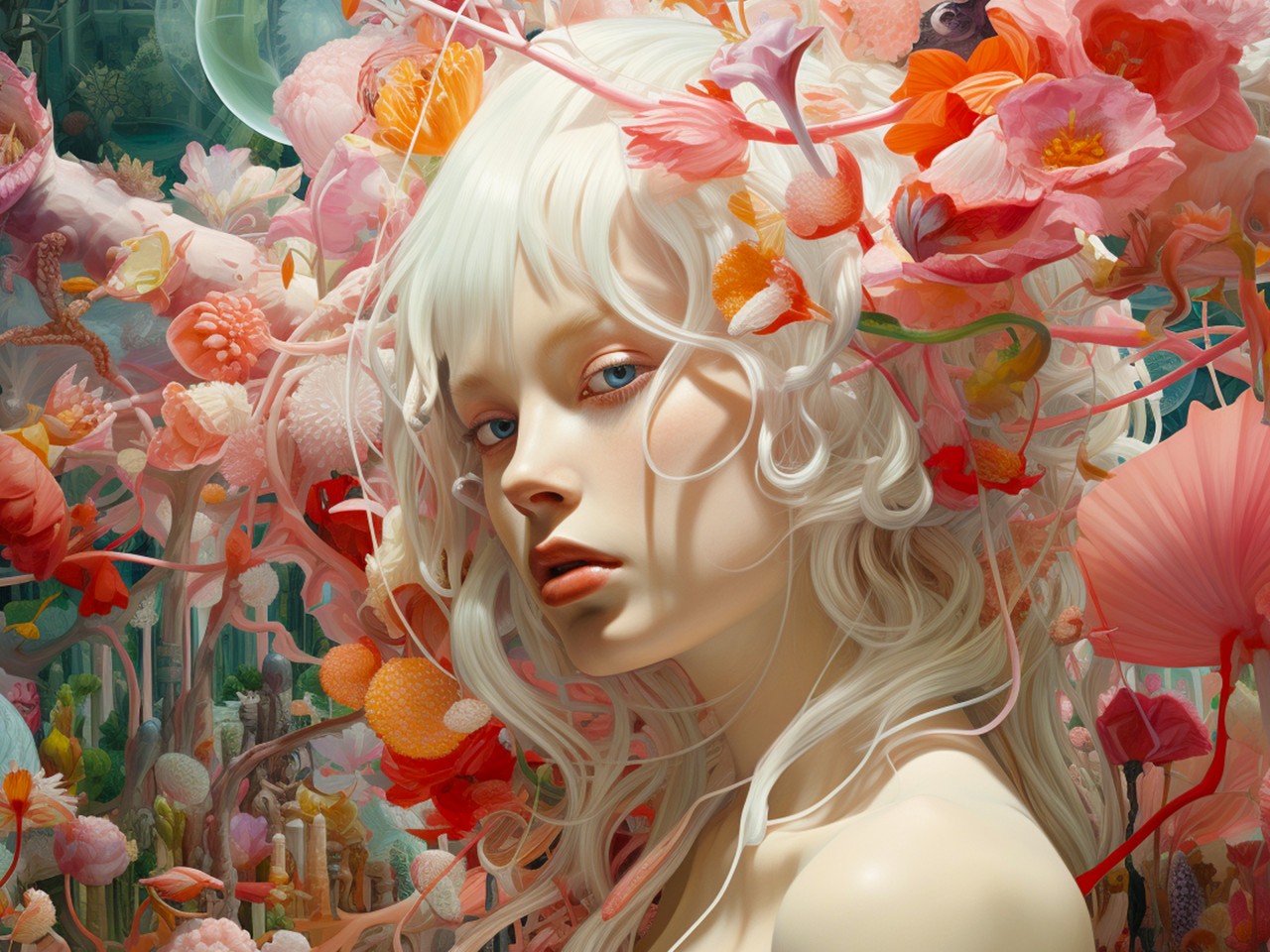 Download Girl White Hair Colorful Flowers Wallpaper in 1280x960 Resolution