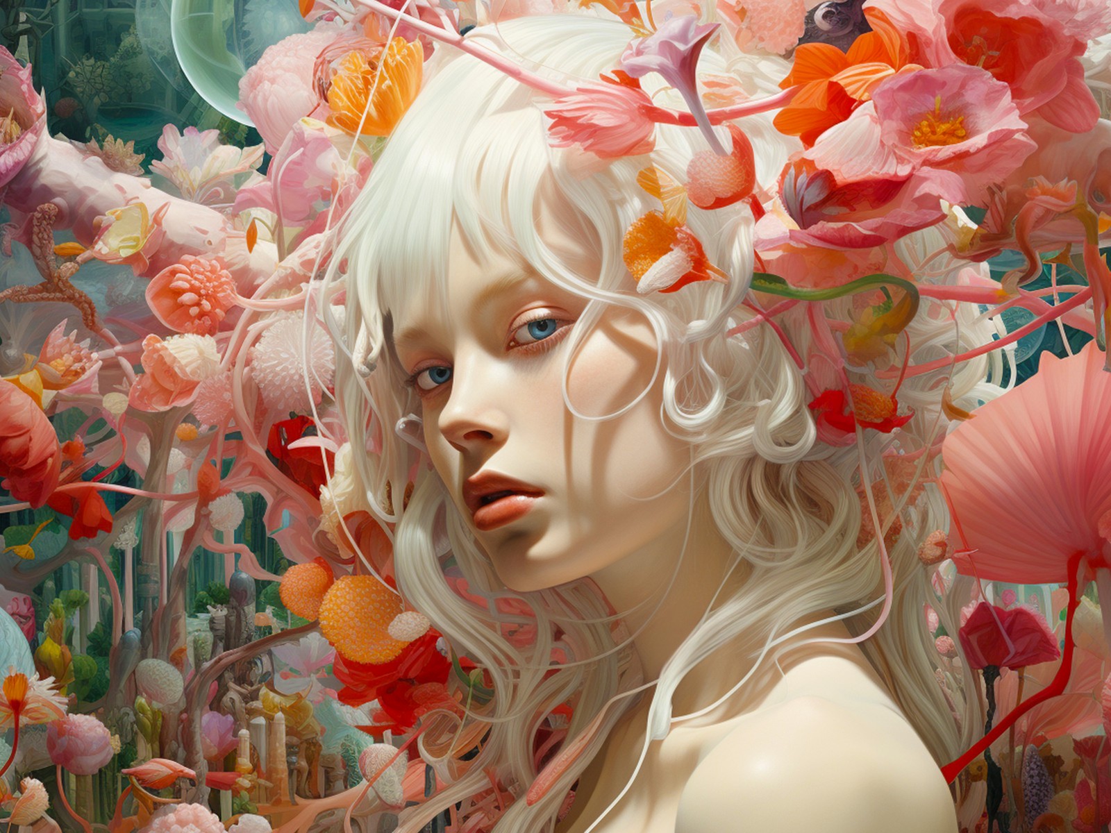 Download Girl White Hair Colorful Flowers Wallpaper in 1600x1200 Resolution