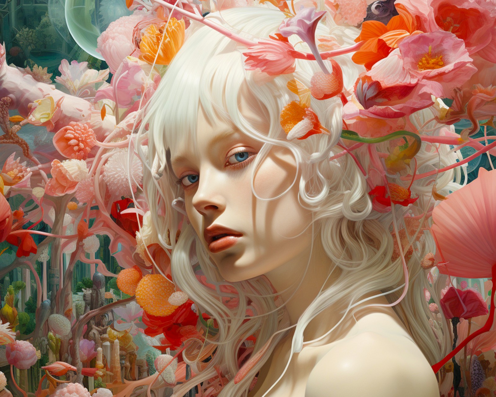 Download Girl White Hair Colorful Flowers Wallpaper in 1600x1280 Resolution