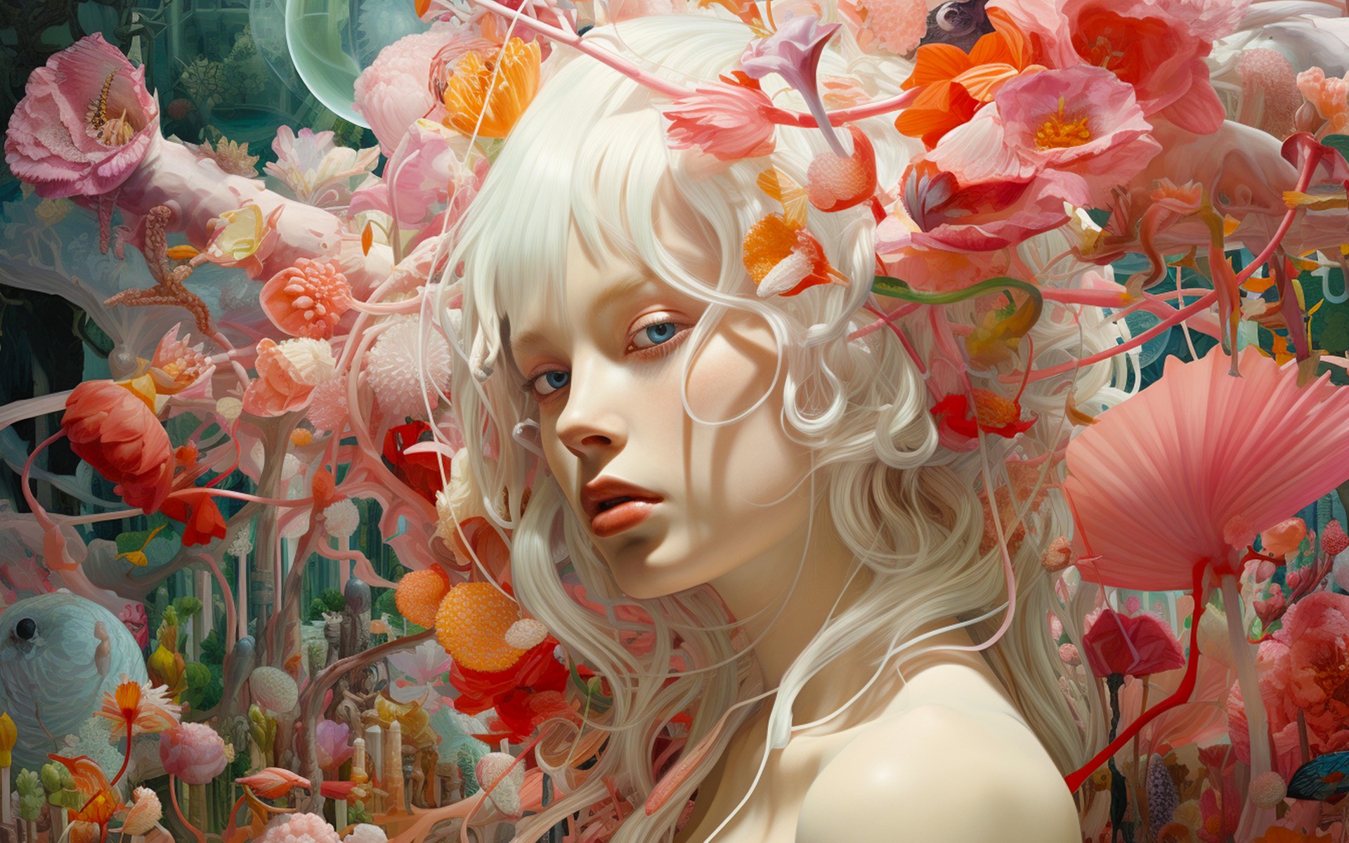 Download Girl White Hair Colorful Flowers Wallpaper in 1920x1200 Resolution