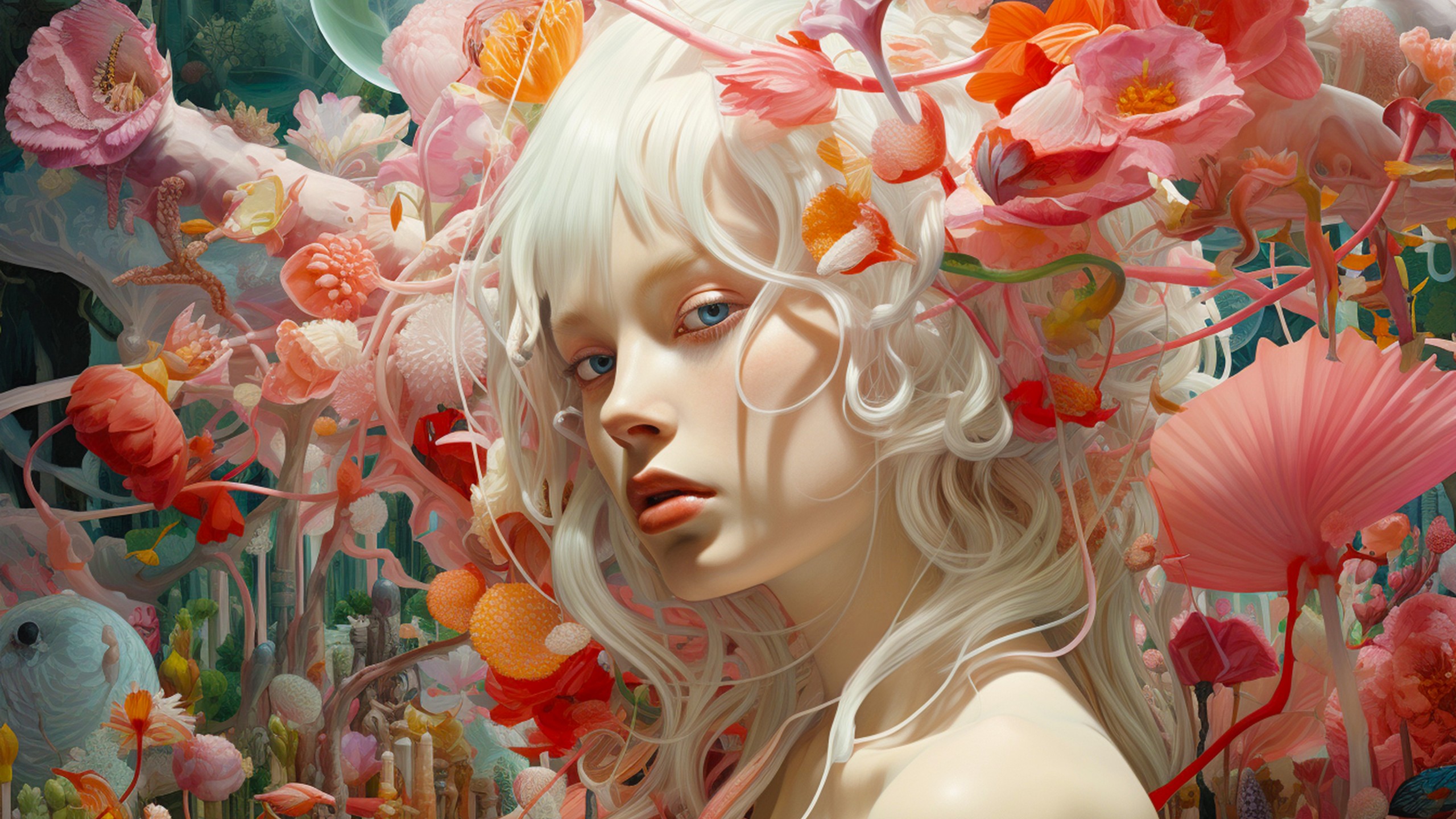 Download Girl White Hair Colorful Flowers Wallpaper in 2560x1440 Resolution