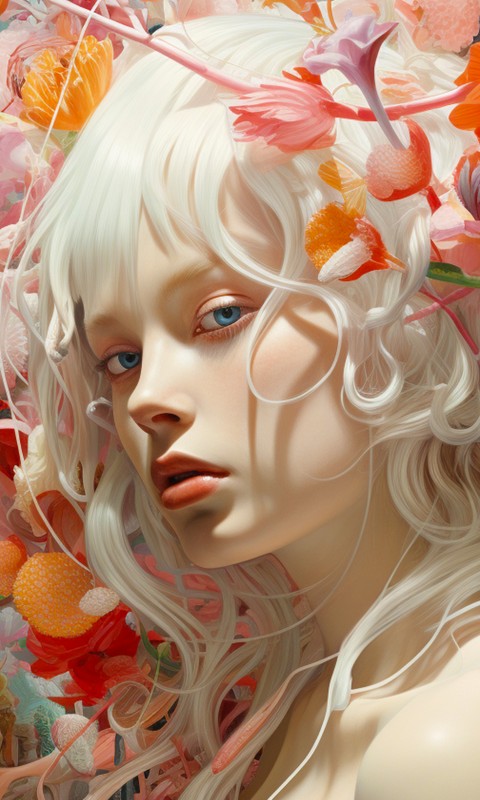 Download Girl White Hair Colorful Flowers Wallpaper in 480x800 Resolution