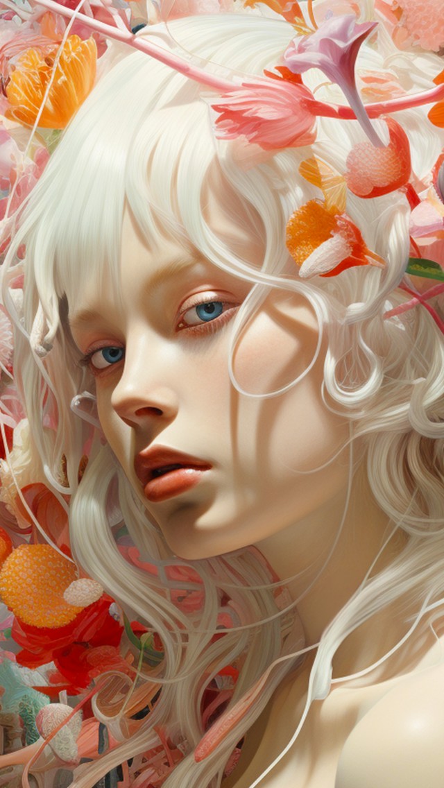 Download Girl White Hair Colorful Flowers Wallpaper in 640x1136 Resolution