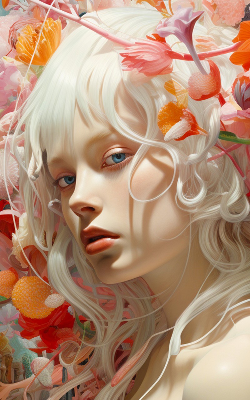 Download Girl White Hair Colorful Flowers Wallpaper in 800x1280 Resolution