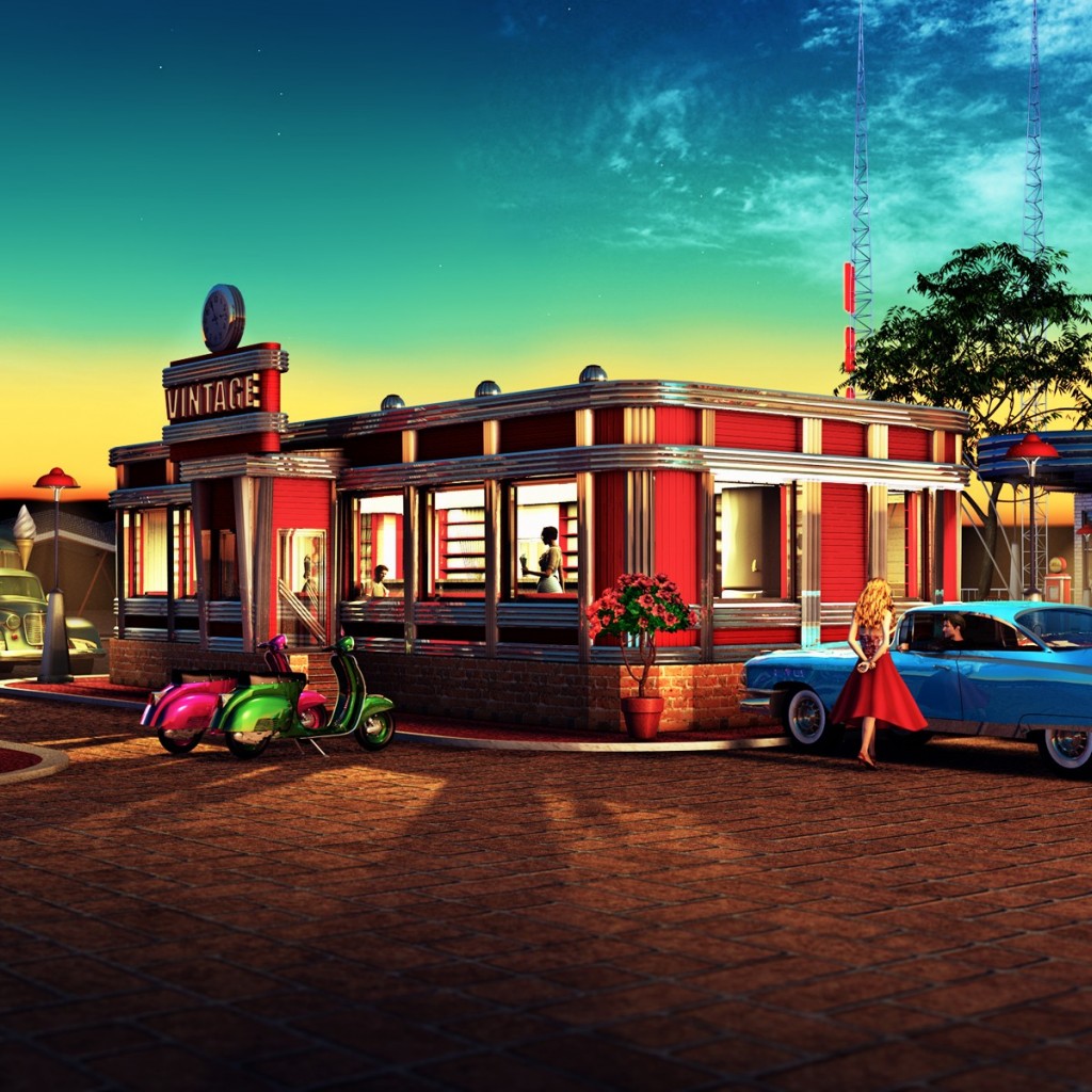 Download Vintage City Diner Restaurant Wallpaper in 1024x1024 Resolution