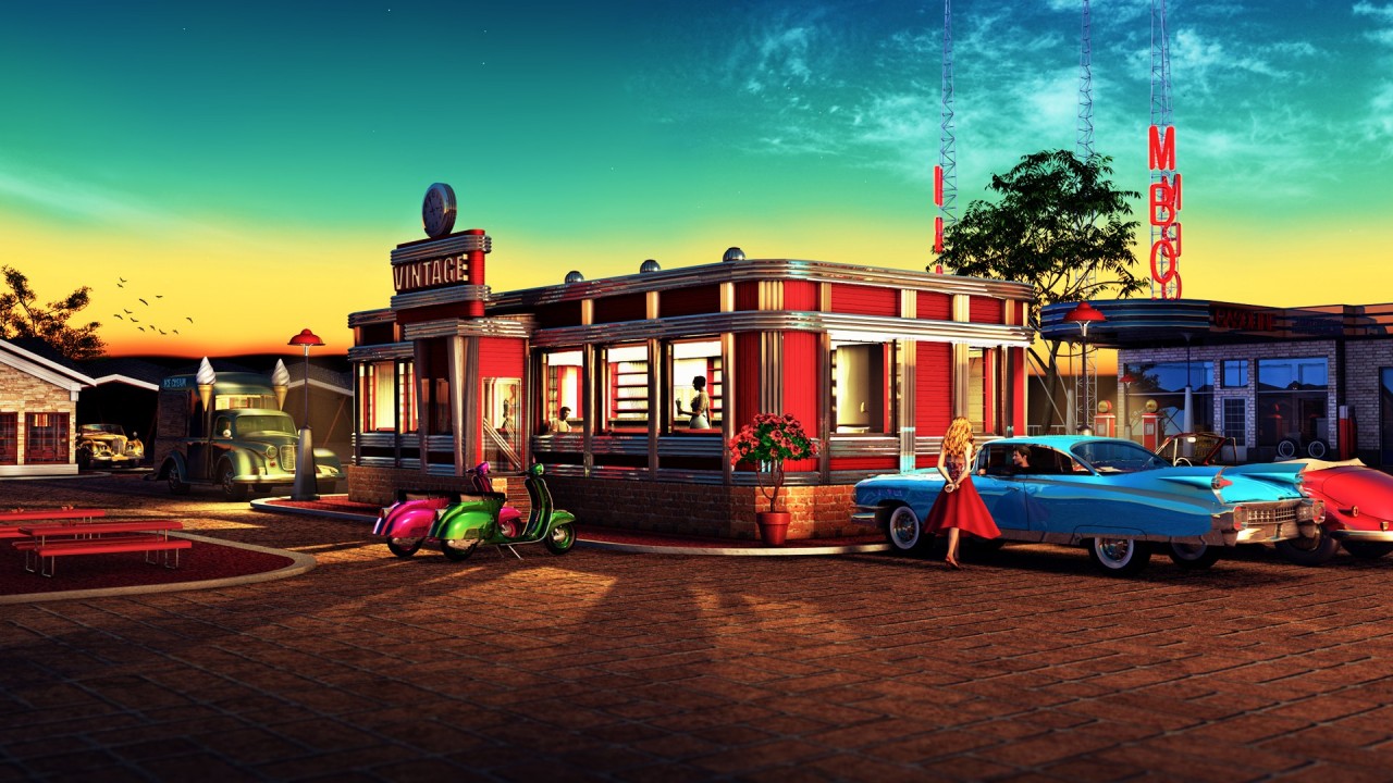 Download Vintage City Diner Restaurant Wallpaper in 1280x720 Resolution