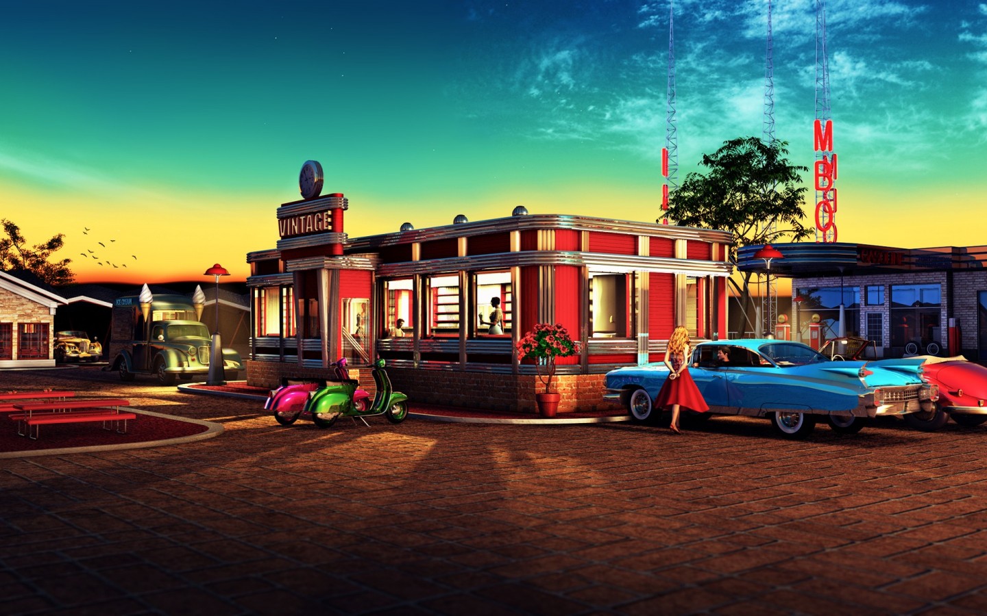 Download Vintage City Diner Restaurant Wallpaper in 1440x900 Resolution