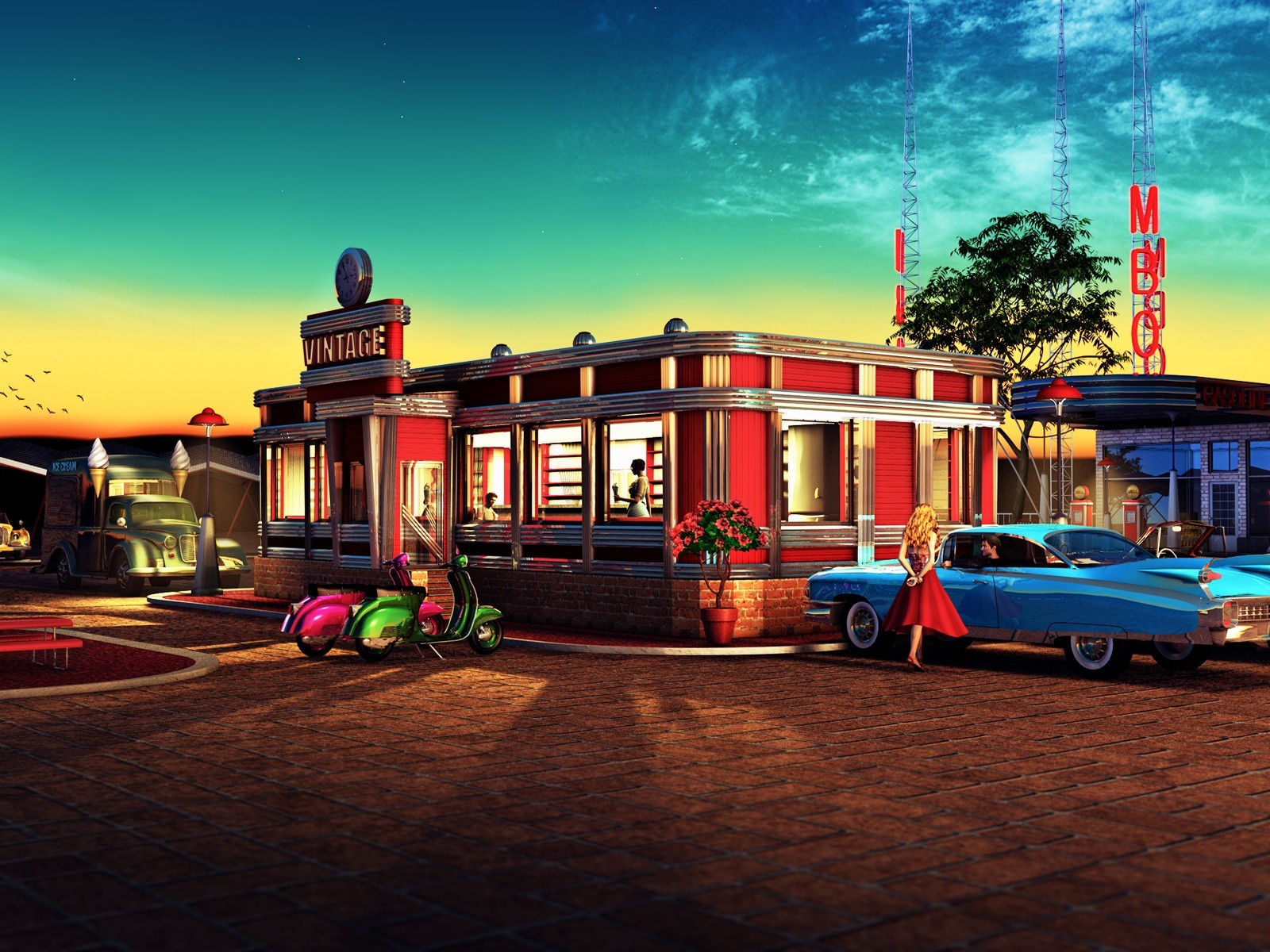 Download Vintage City Diner Restaurant Wallpaper in 1600x1200 Resolution