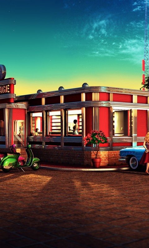 Download Vintage City Diner Restaurant Wallpaper in 480x800 Resolution