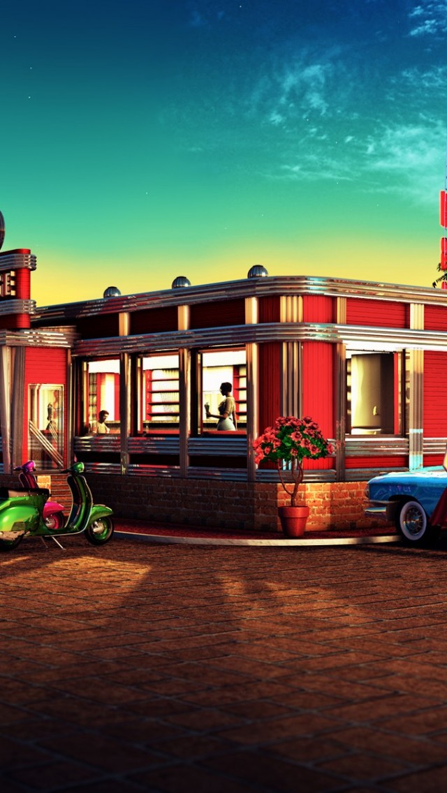 Download Vintage City Diner Restaurant Wallpaper in 640x1136 Resolution