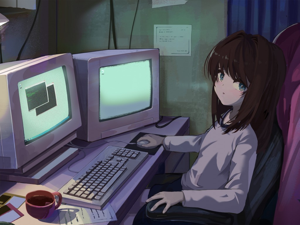 Download Anime Girl Crt Vintage Computer Wallpaper in 1024x768 Resolution