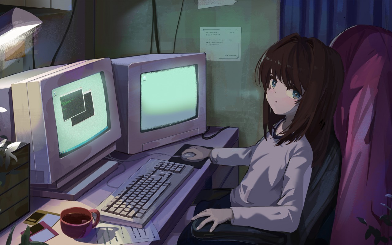 Download Anime Girl Crt Vintage Computer Wallpaper in 1280x800 Resolution