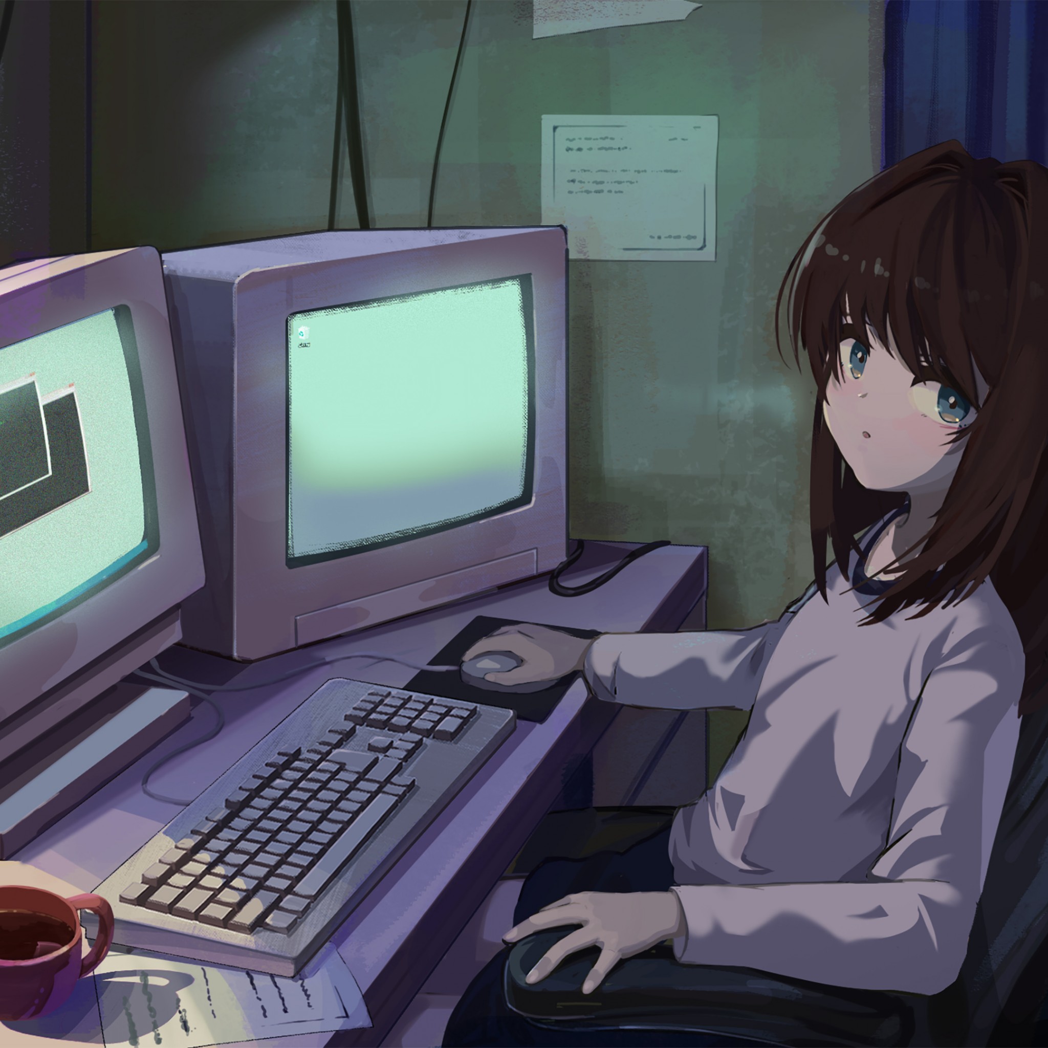 Download Anime Girl Crt Vintage Computer Wallpaper in 2048x2048 Resolution