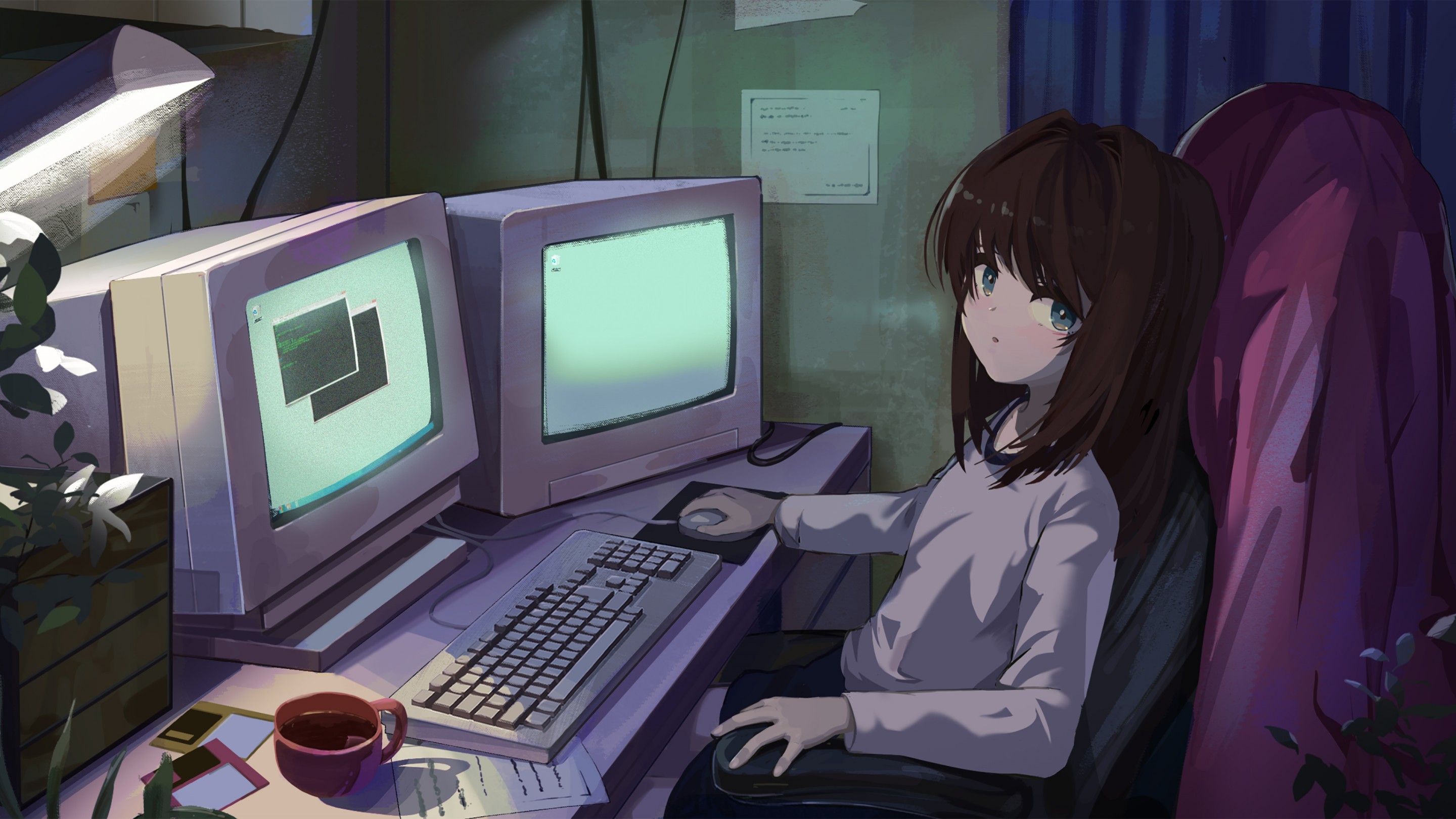 Download Anime Girl Crt Vintage Computer Wallpaper in 2880x1620 Resolution