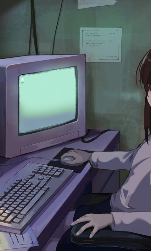 Download Anime Girl Crt Vintage Computer Wallpaper in 480x800 Resolution