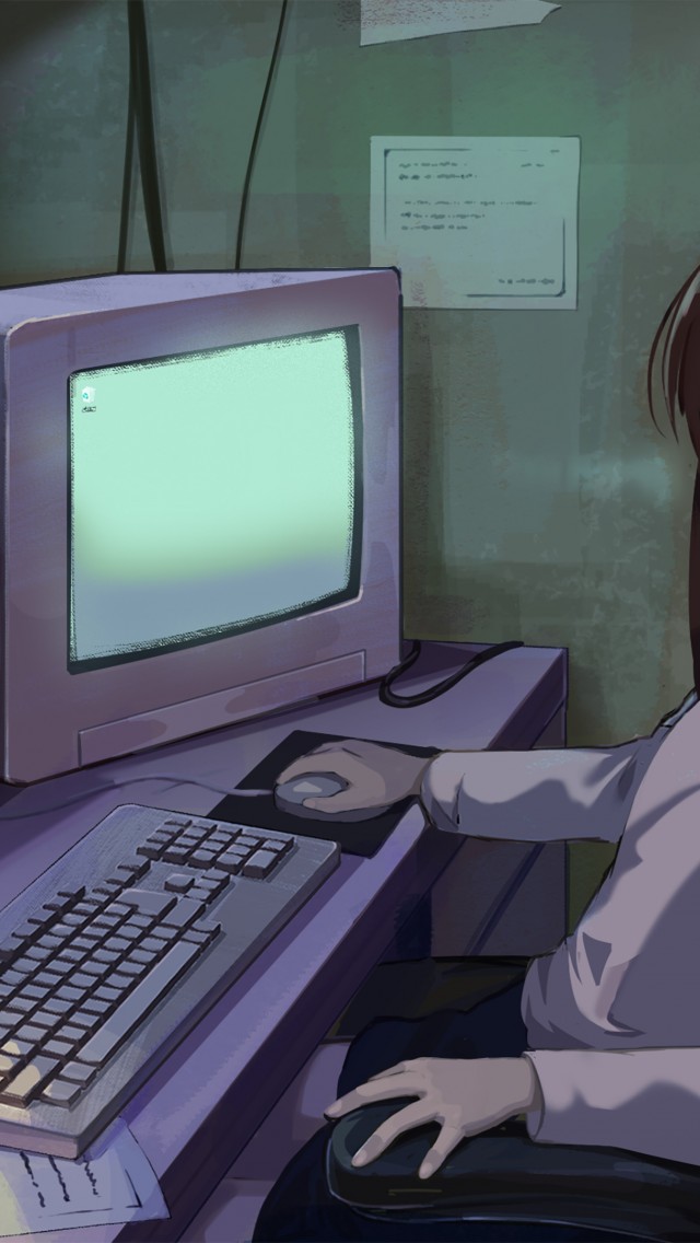 Download Anime Girl Crt Vintage Computer Wallpaper in 640x1136 Resolution