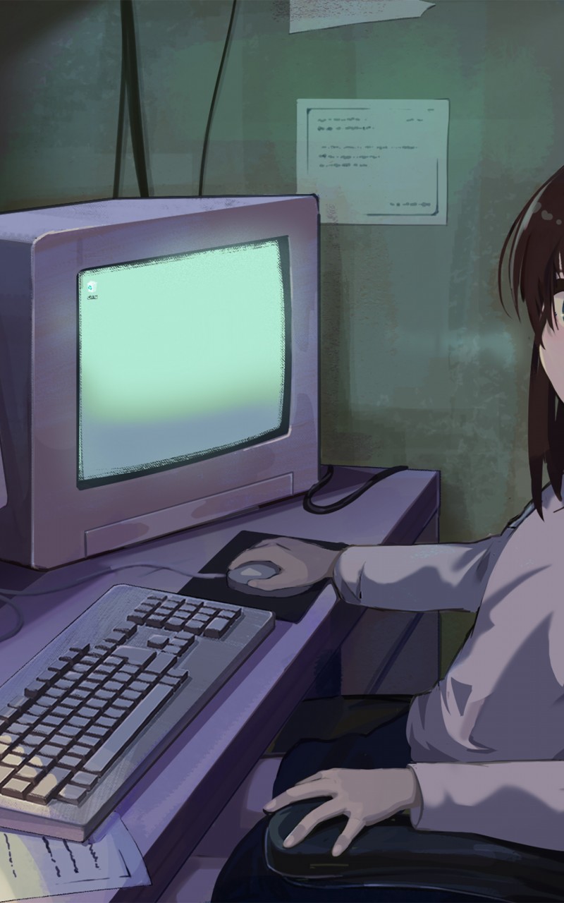 Download Anime Girl Crt Vintage Computer Wallpaper in 800x1280 Resolution