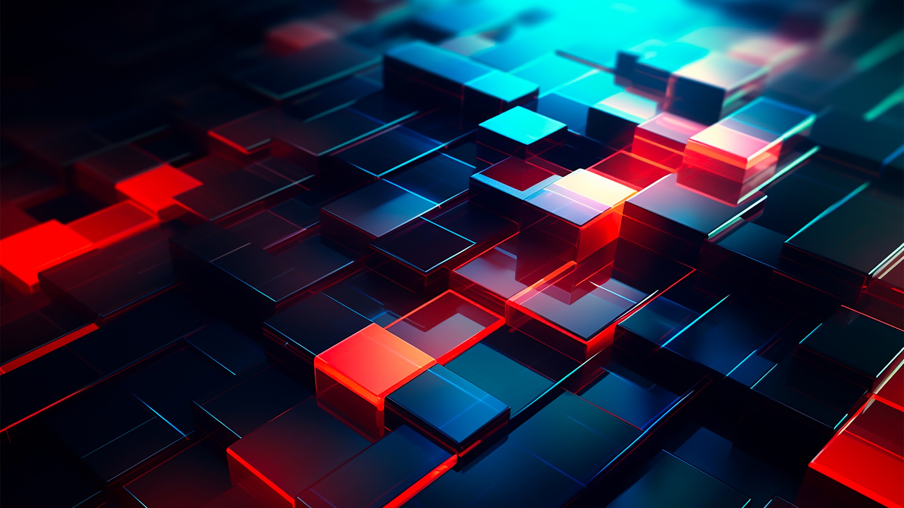 Download Red Glow Blue Abstract Cubes Wallpaper in 2880x1620 Resolution