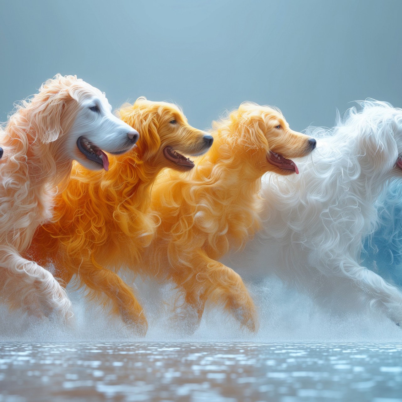 Download Ai Colorful Dogs Running On Water Wallpaper in 1280x1280 Resolution