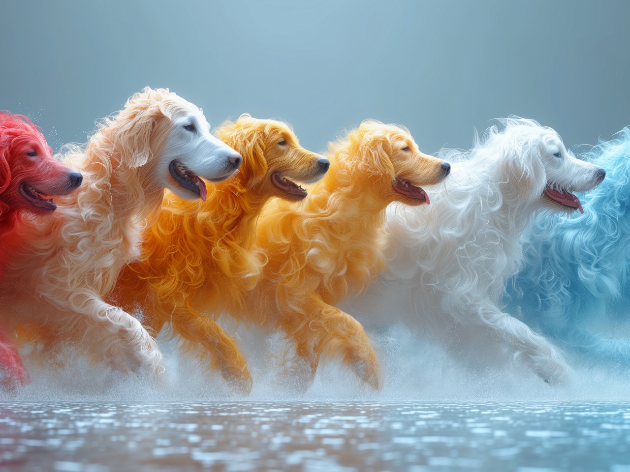 Download Ai Colorful Dogs Running On Water Wallpaper in 1280x960 Resolution