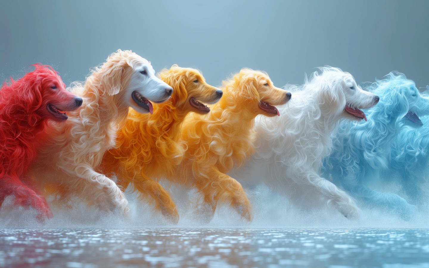 Download Ai Colorful Dogs Running On Water Wallpaper in 1440x900 Resolution