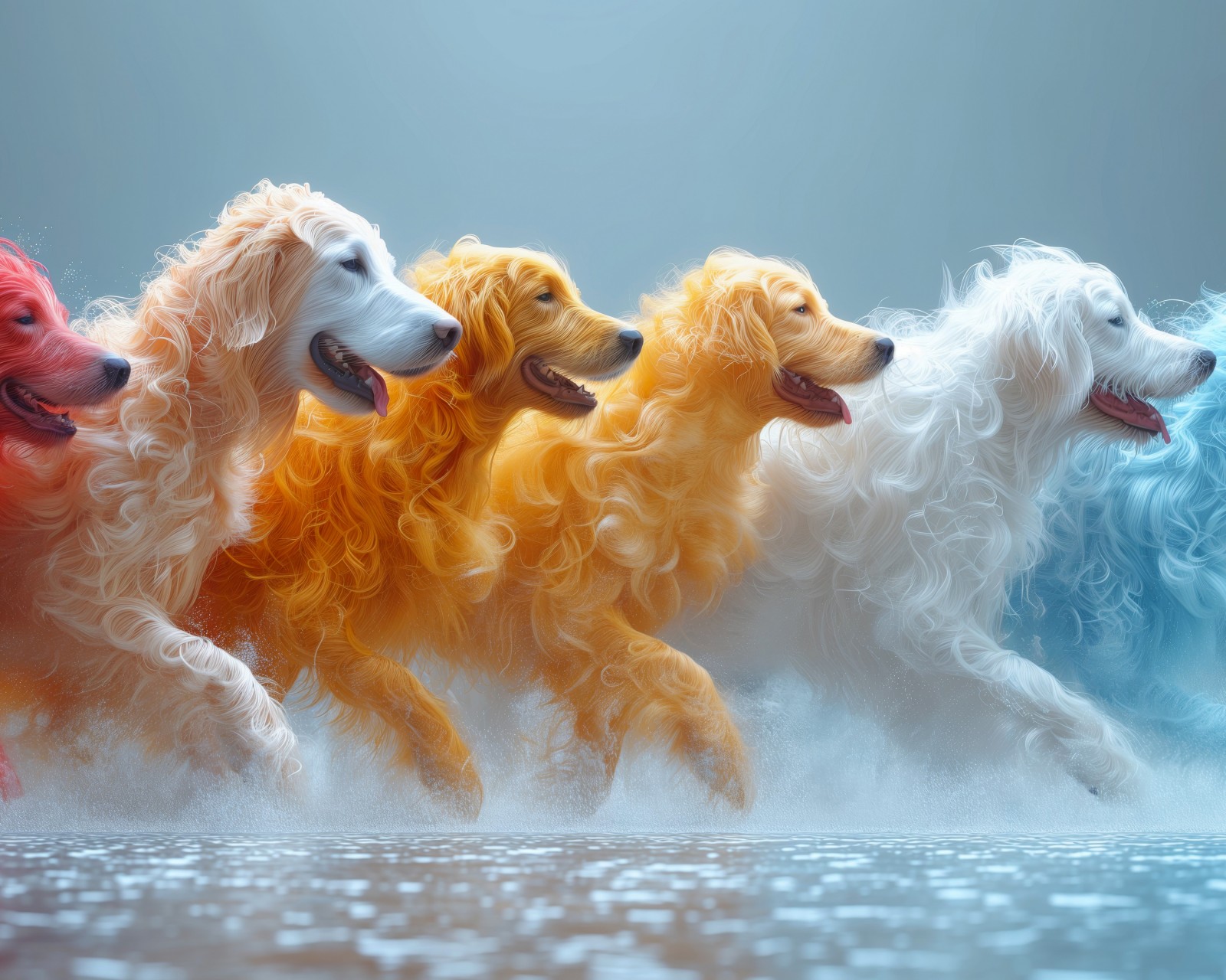 Download Ai Colorful Dogs Running On Water Wallpaper in 1600x1280 Resolution