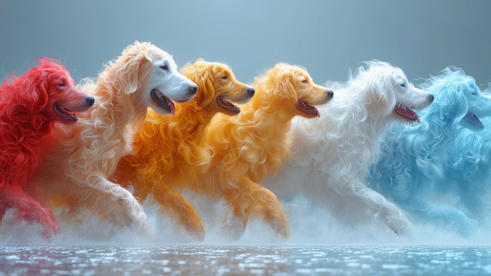 Download Ai Colorful Dogs Running On Water Wallpaper in 1600x900 Resolution