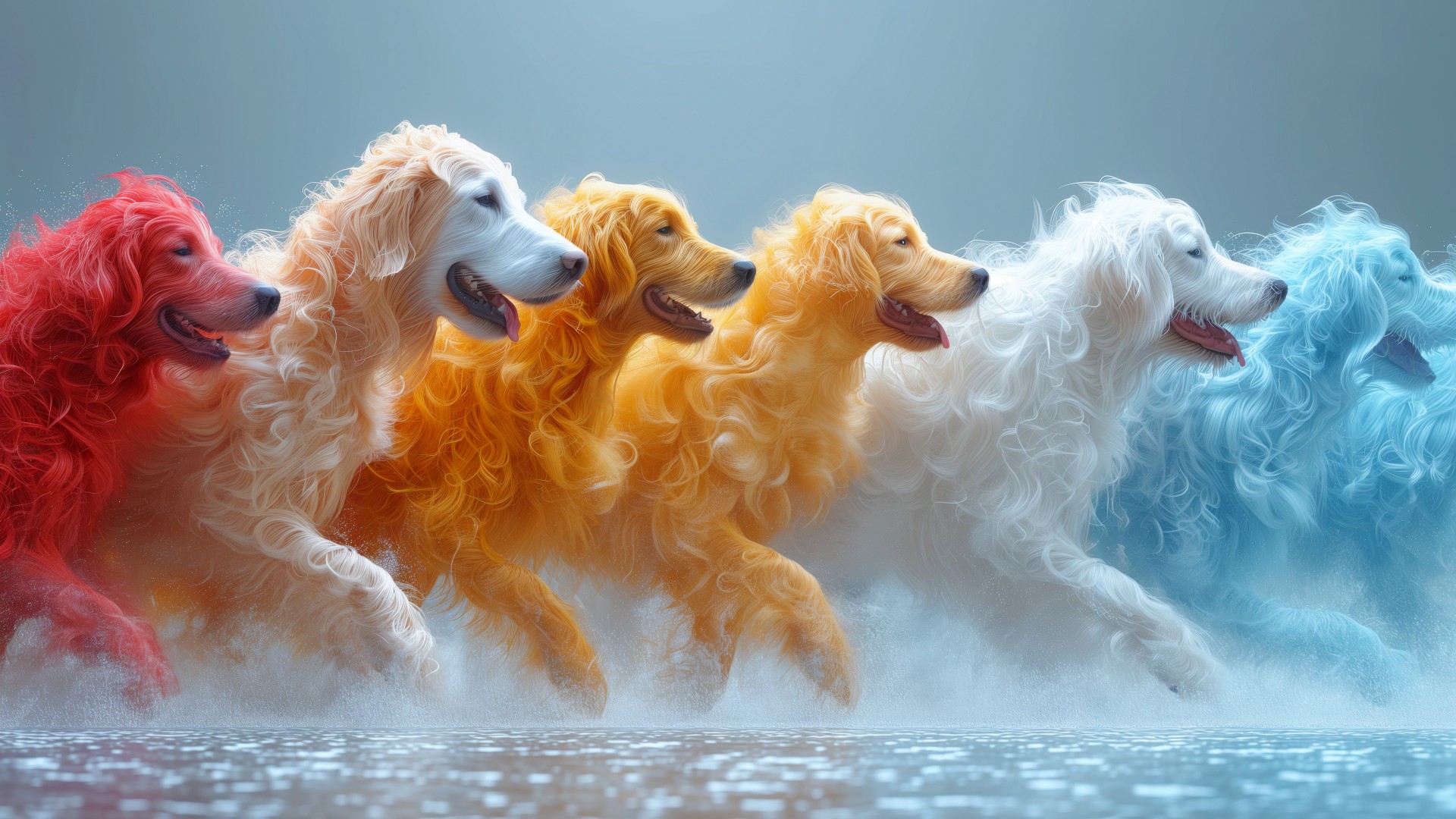 Download Ai Colorful Dogs Running On Water Wallpaper in 1920x1080 Resolution