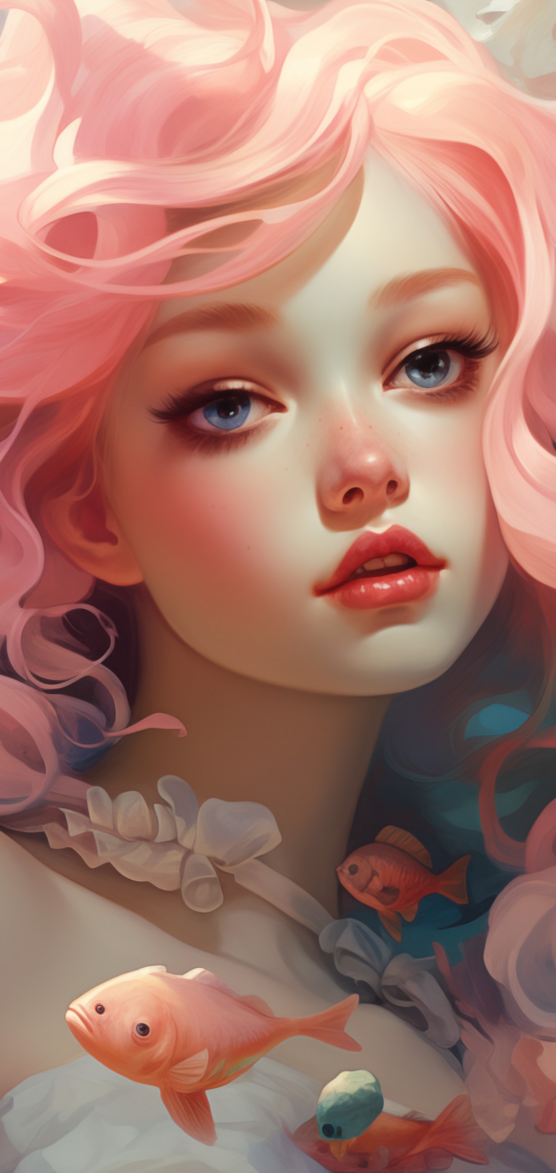 Download Ai Drawing Woman Fish Colors Wallpaper in 1080x2280 Resolution