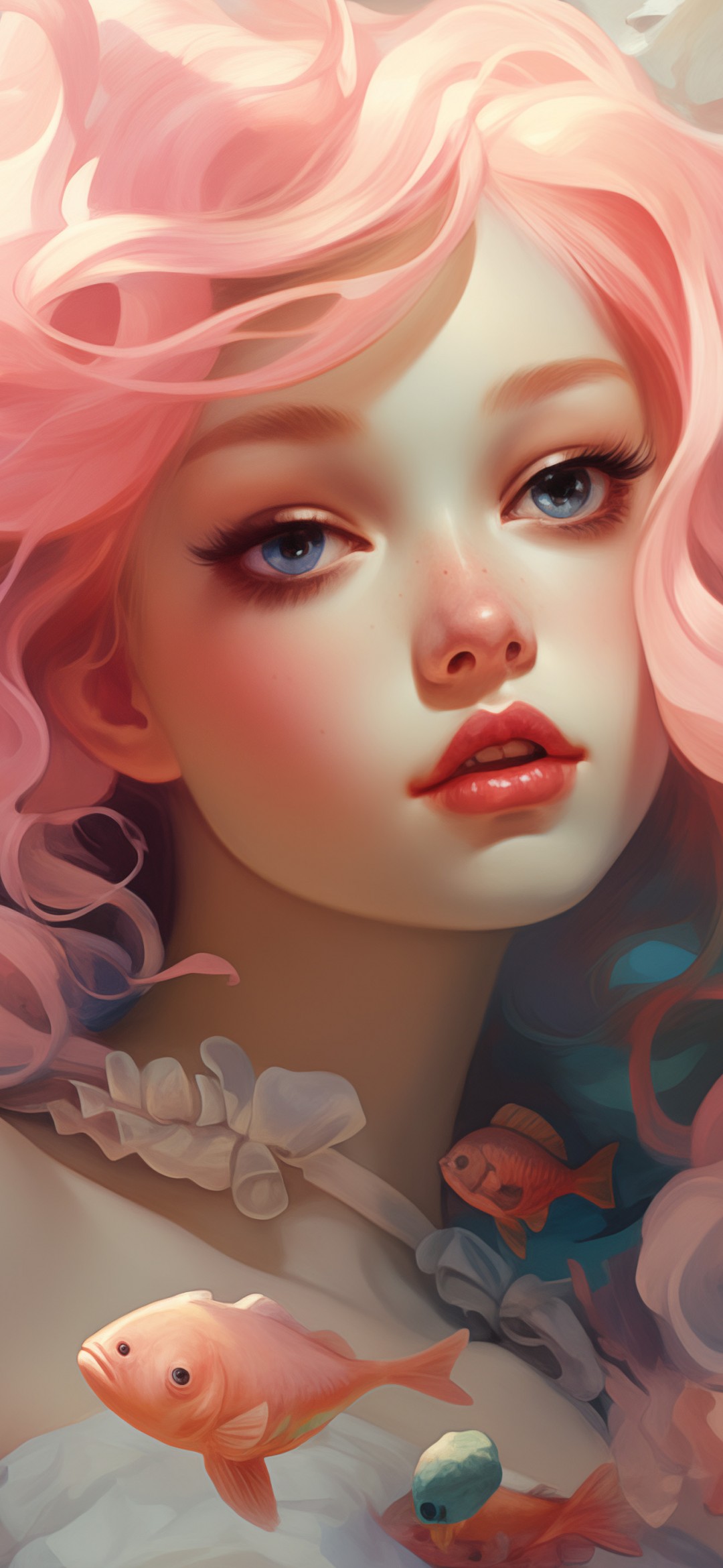 Download Ai Drawing Woman Fish Colors Wallpaper in 1080x2340 Resolution