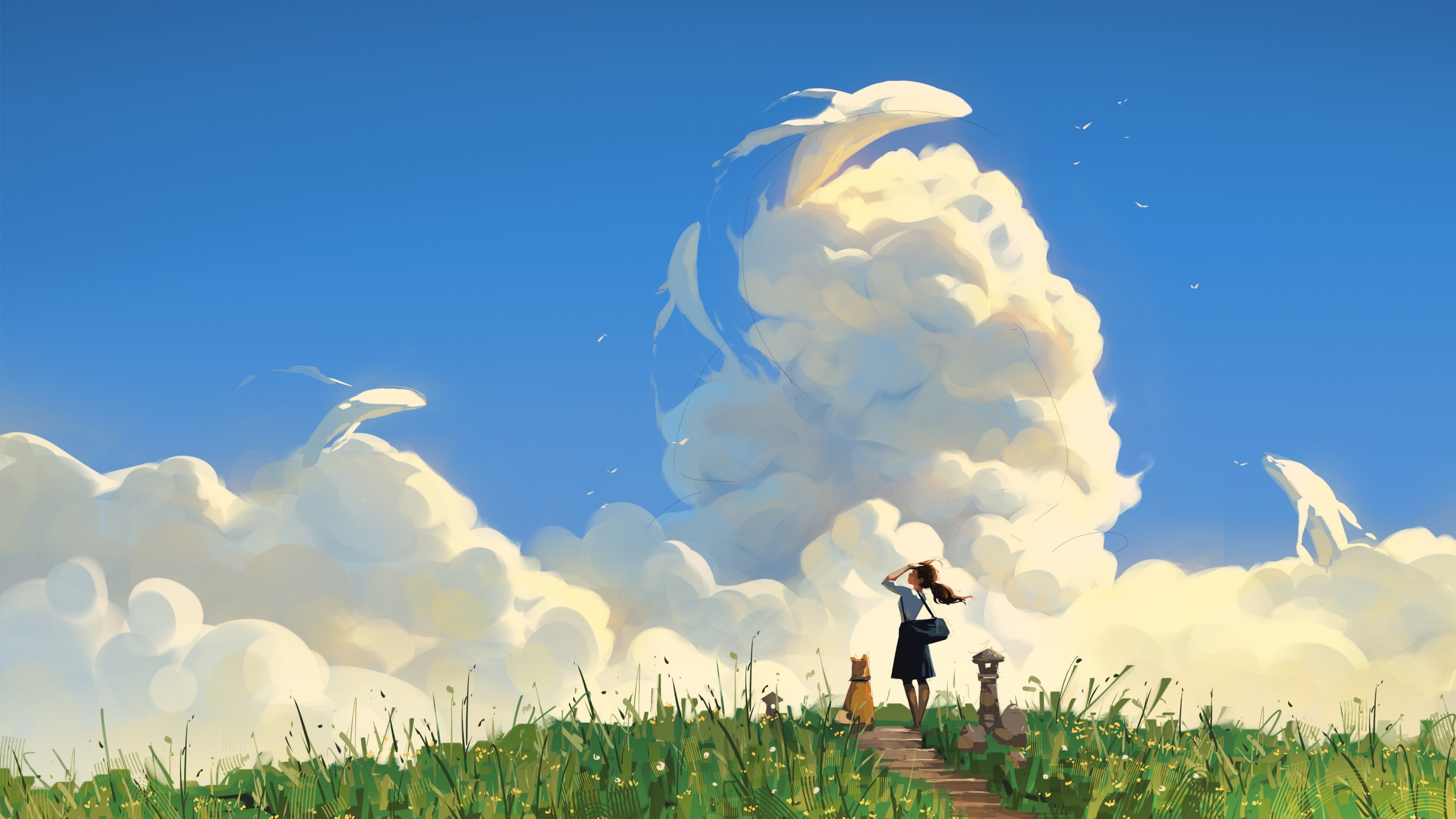 Download Whale Clouds Sky Digital Art Wallpaper in 2880x1620 Resolution