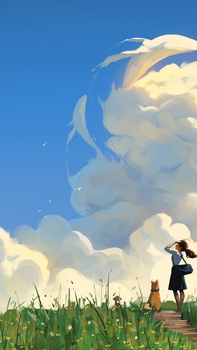 Download Whale Clouds Sky Digital Art Wallpaper in 640x1136 Resolution