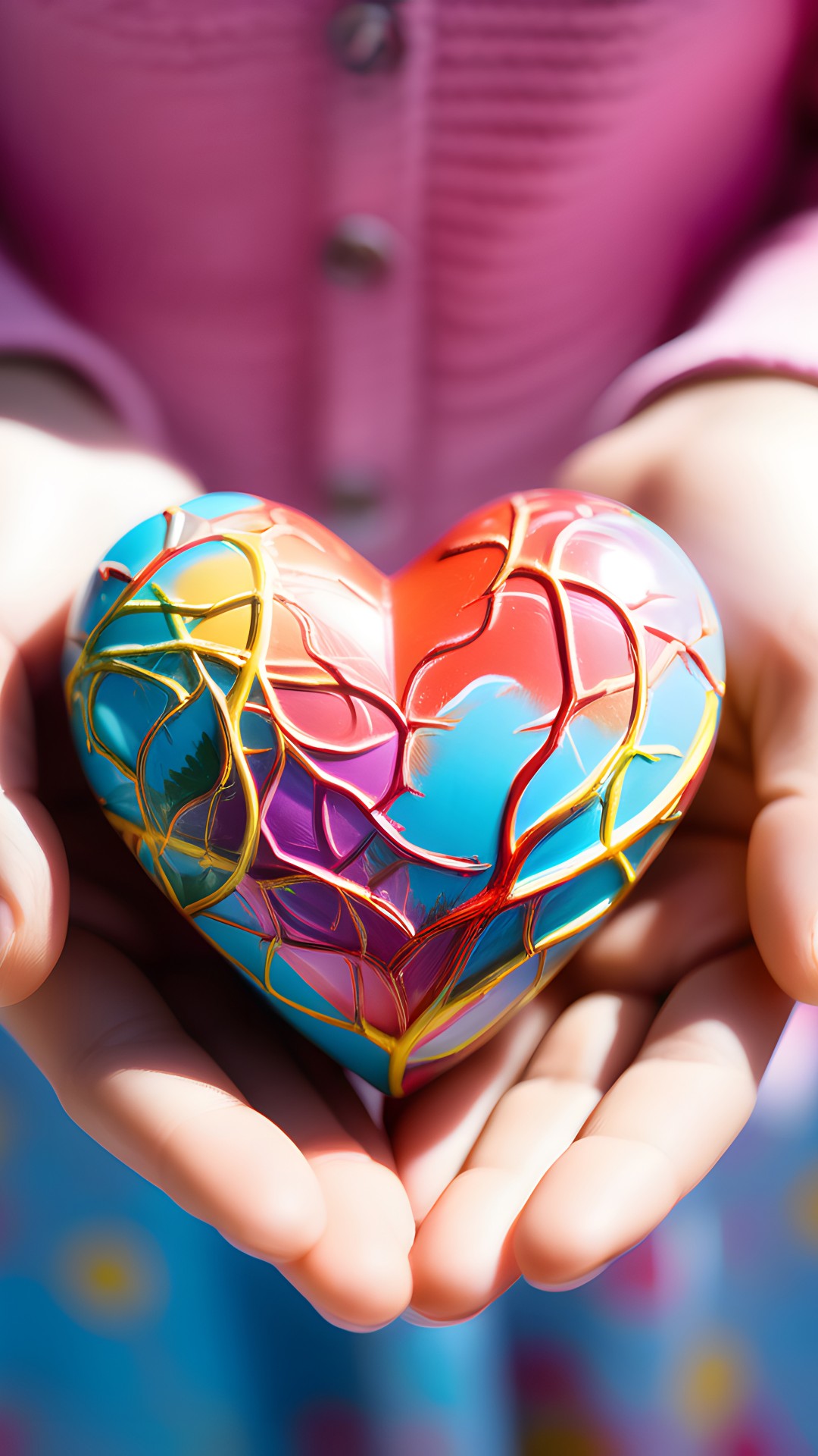 Download Colorful Heart Hand 3D Art Wallpaper in 1080x1920 Resolution