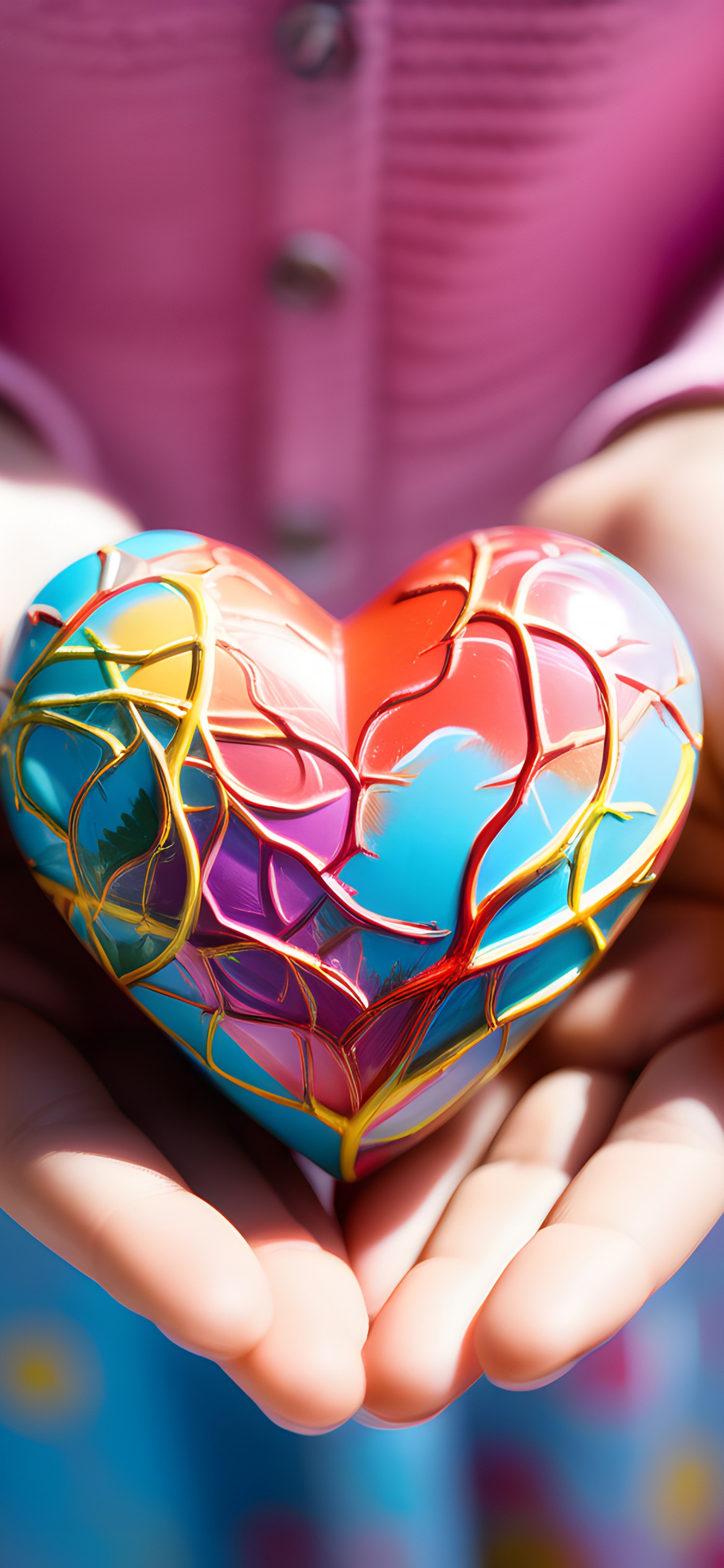 Download Colorful Heart Hand 3D Art Wallpaper in 1170x2532 Resolution
