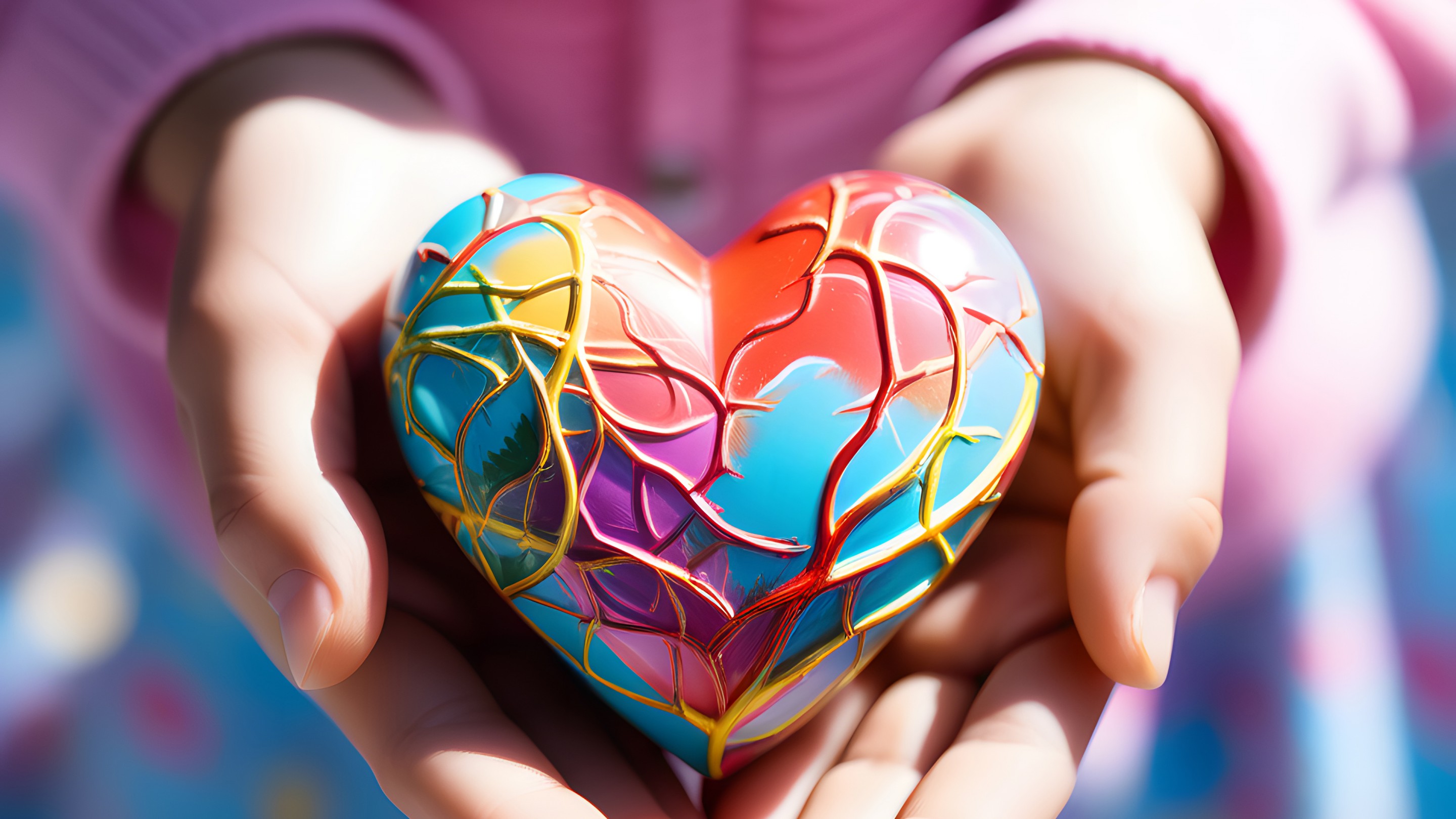 Download Colorful Heart Hand 3D Art Wallpaper in 2880x1620 Resolution