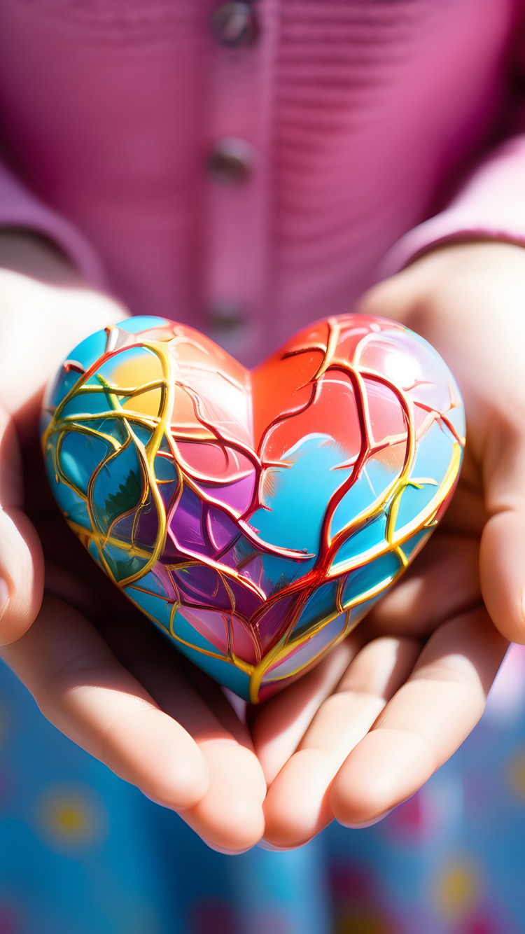 Download Colorful Heart Hand 3D Art Wallpaper in 750x1334 Resolution