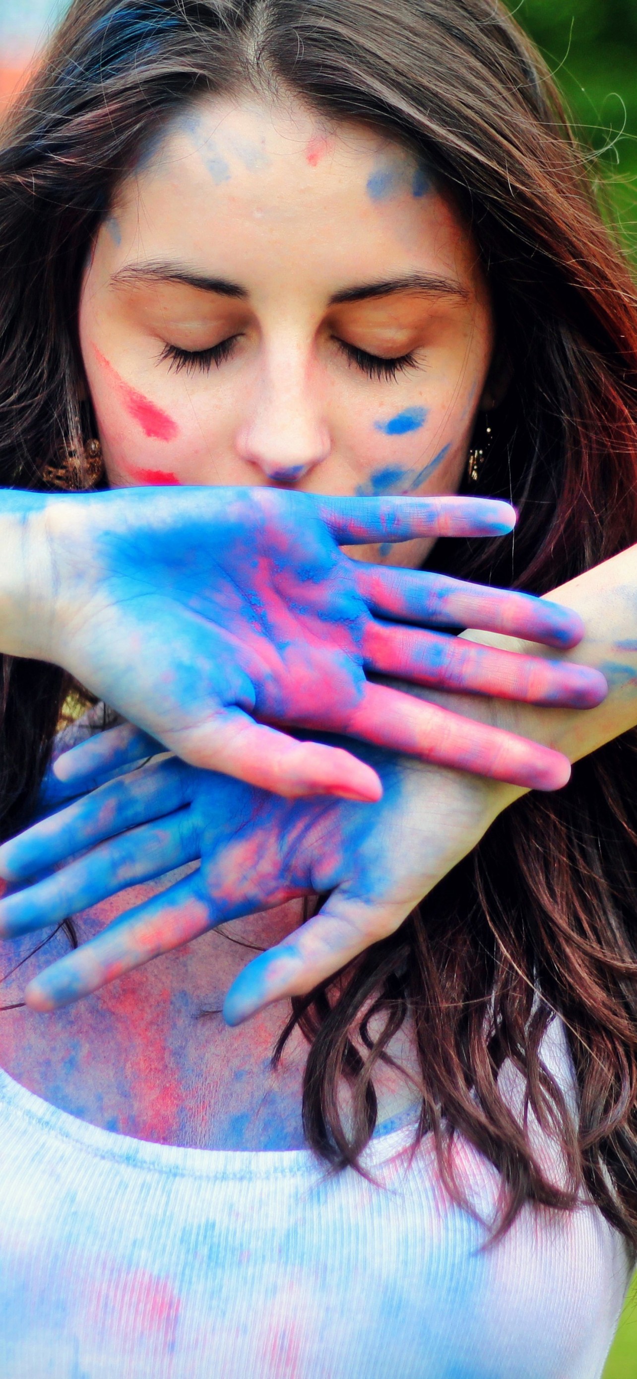 Download Girl Colorful Paint Face Mood Wallpaper in 1284x2778 Resolution