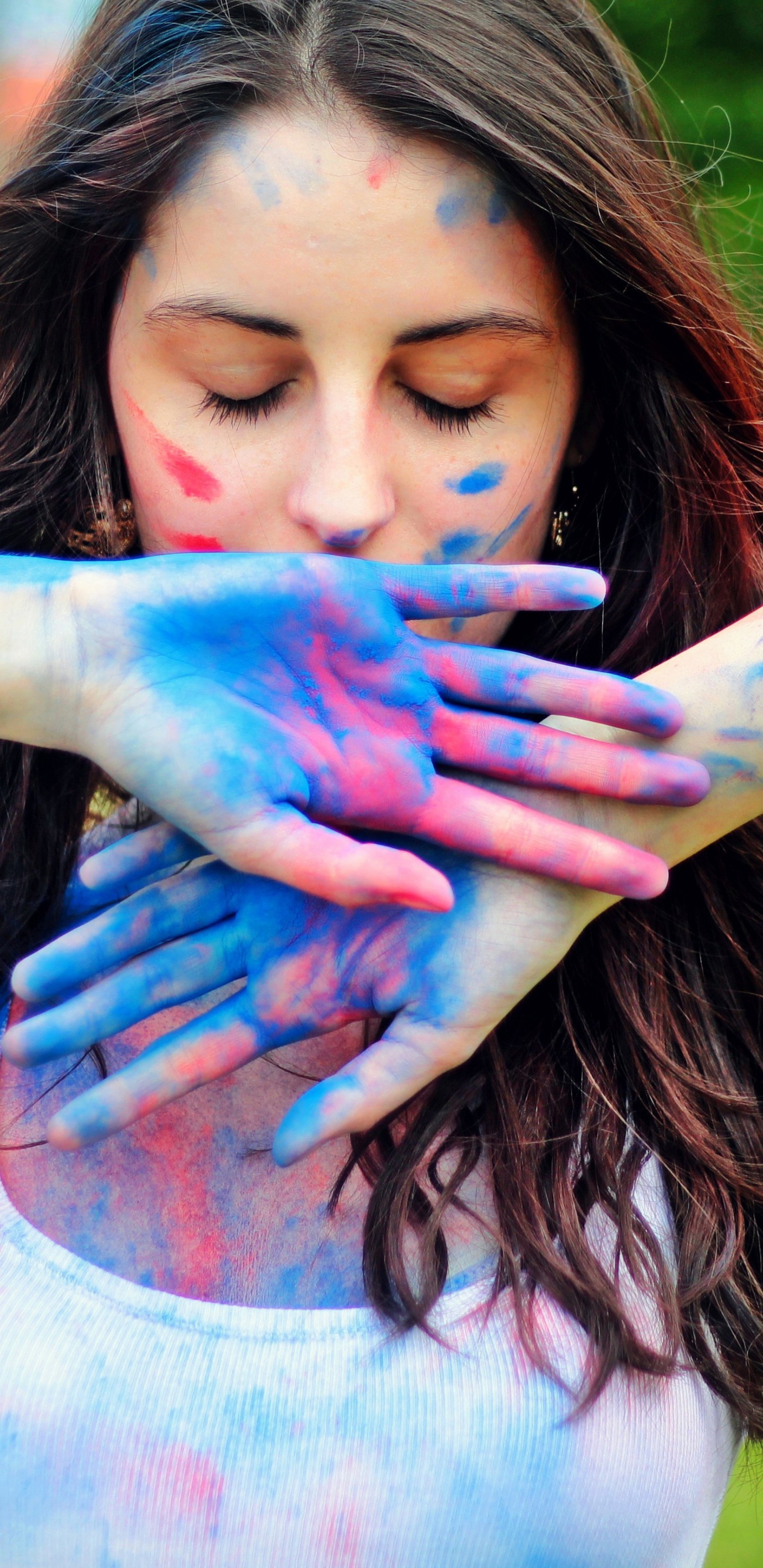 Download Girl Colorful Paint Face Mood Wallpaper in 1440x2960 Resolution