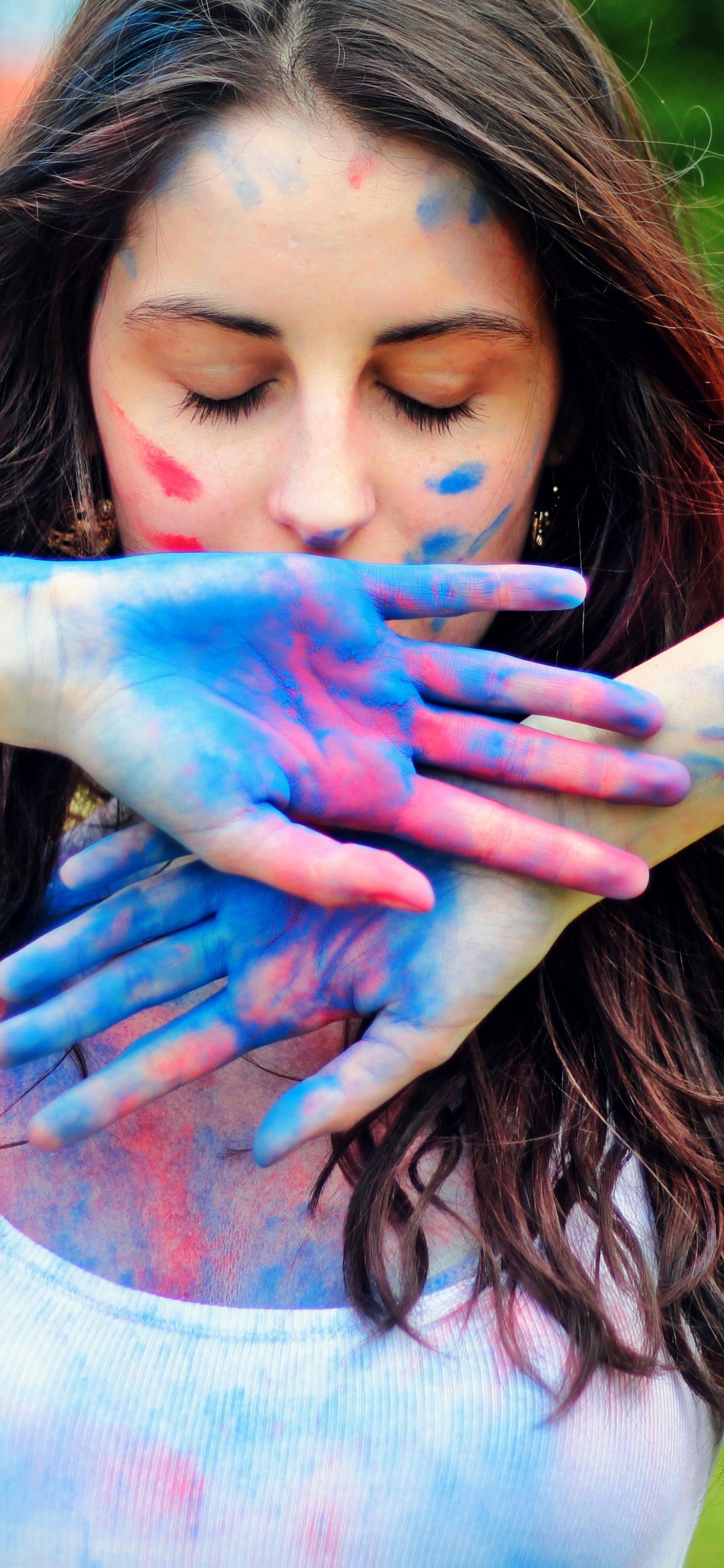 Download Girl Colorful Paint Face Mood Wallpaper in 1440x3120 Resolution